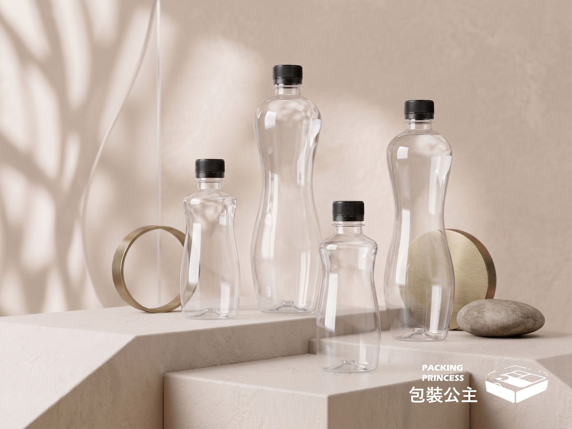曲線瓶系列包裝，適用於冷泡茶與果汁外帶，簡約瓶身設計是餐飲業的專業包材選擇。