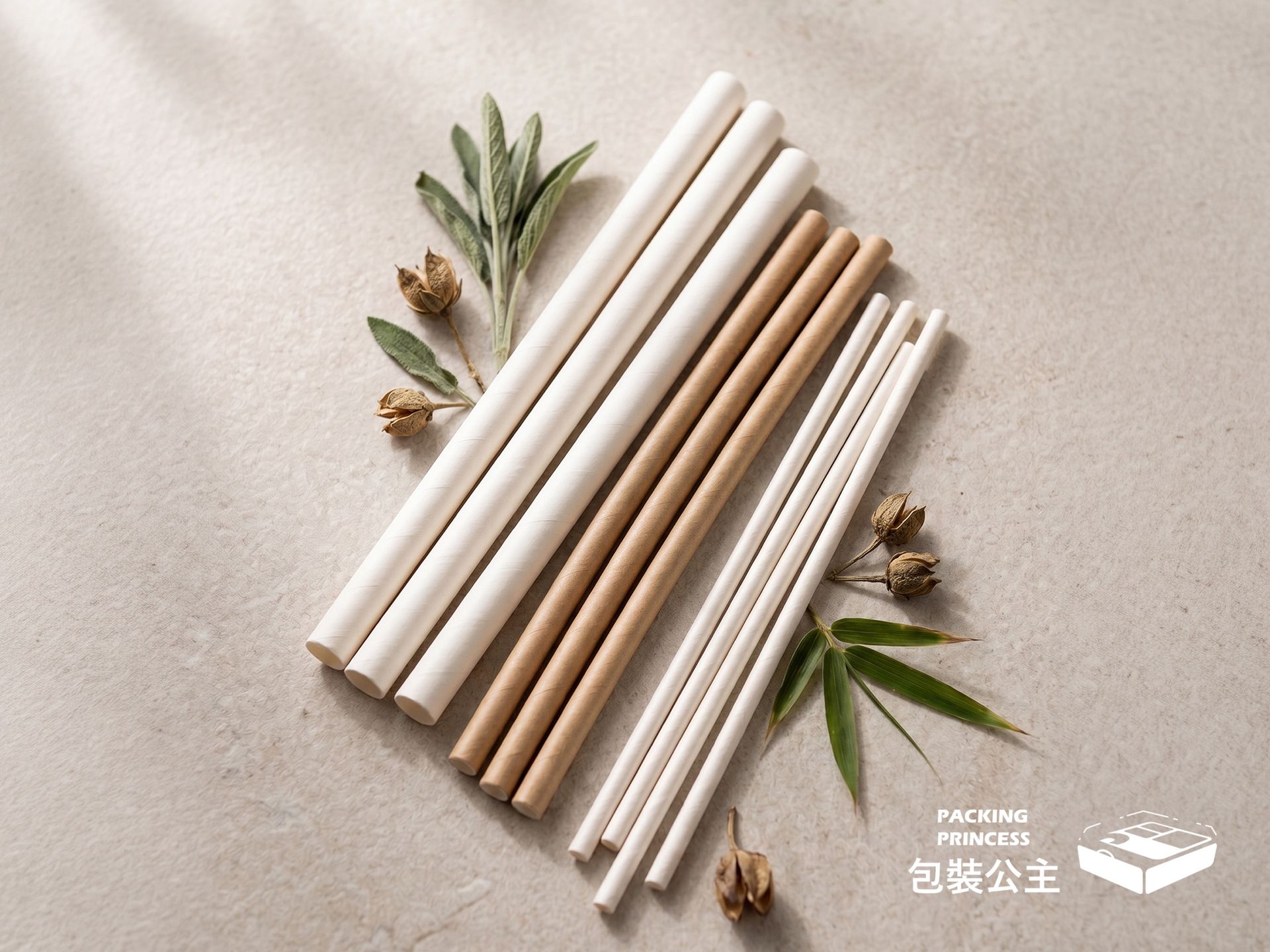 環保紙吸管系列，包含 6mm、8mm 與 12mm 斜口紙吸管，整齊排列於木質砧板上，展現自然簡約的環保質感。