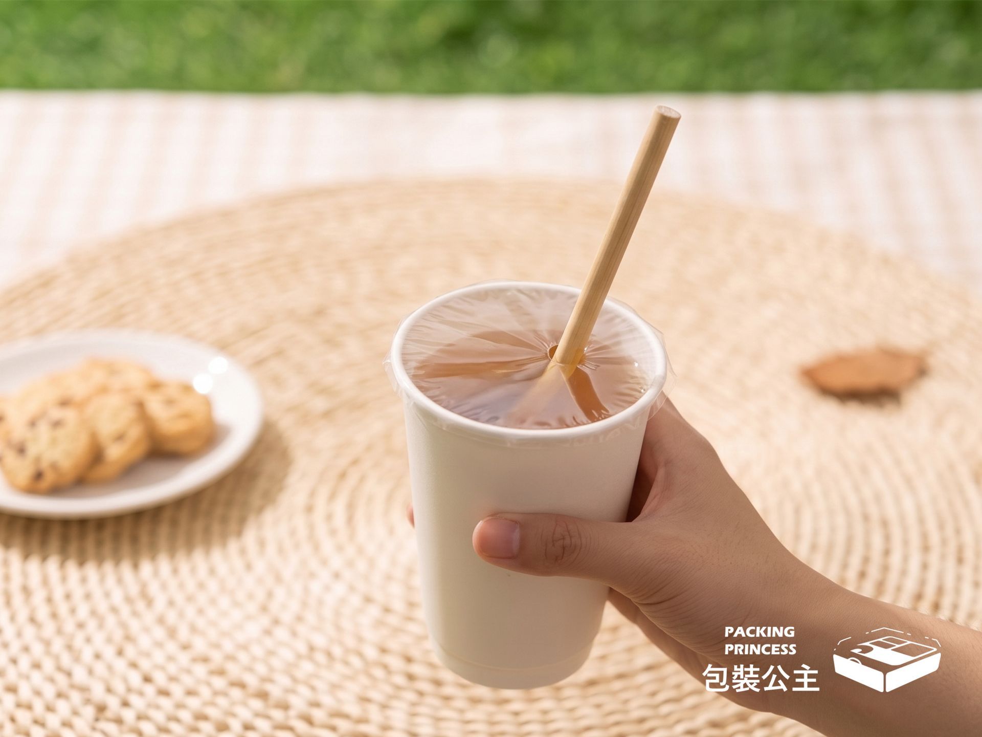 蒲草吸管，100% 天然植物吸管（SGS 與德國萊因檢驗認證），捆裝擺設於竹蓆上，展現天然環保材質特色。