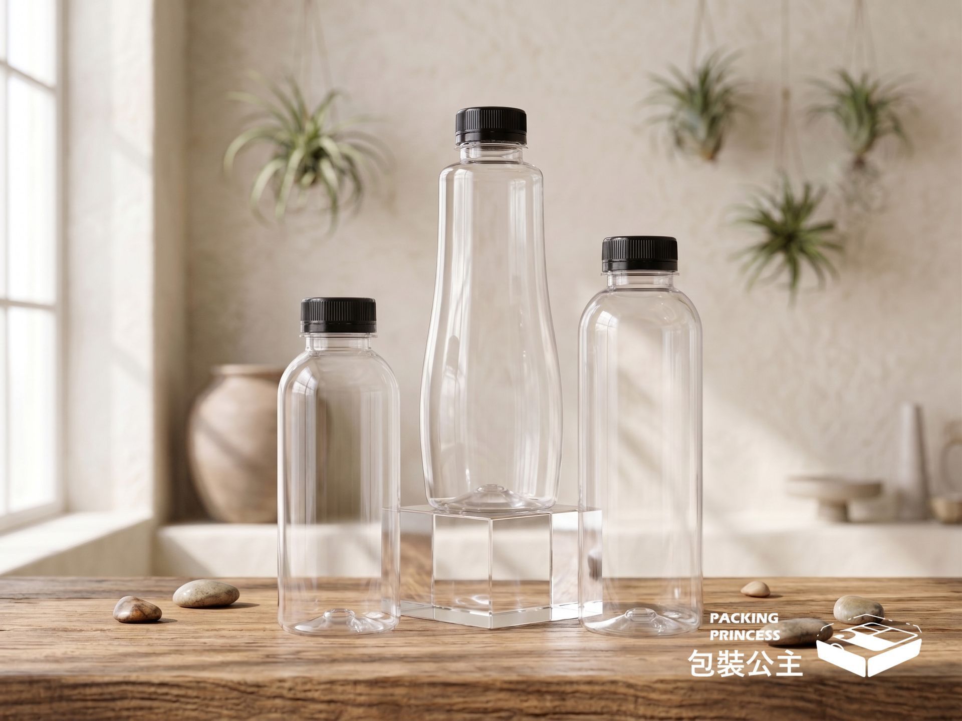造型寬口瓶系列，適用於冷泡茶與果汁外帶，簡約透明設計展現飲料色澤，提升品牌包裝質感。