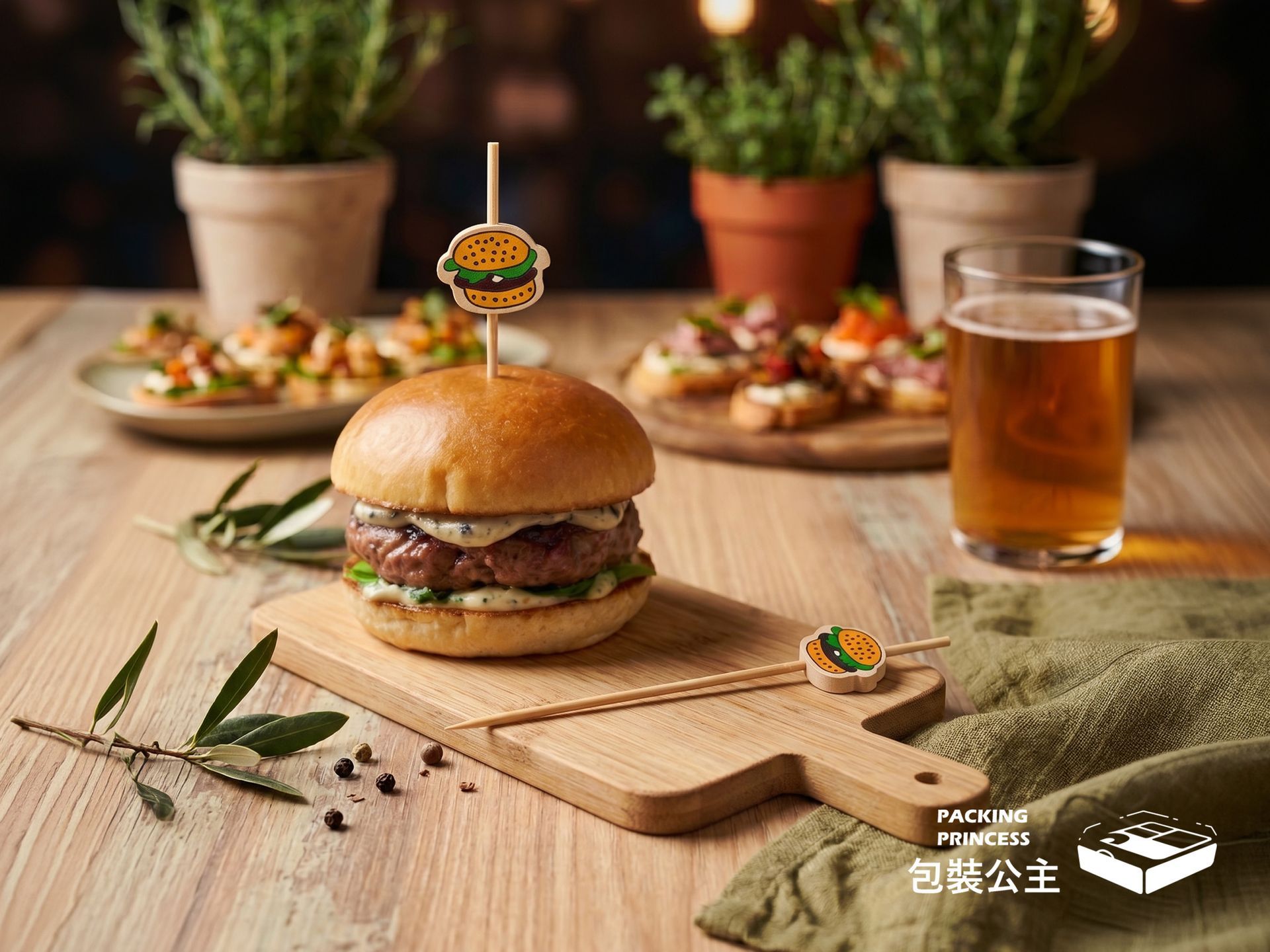 漢堡造型竹叉，12 公分長度，趣味漢堡圖案設計，適用於派對小食裝飾，增添用餐趣味。