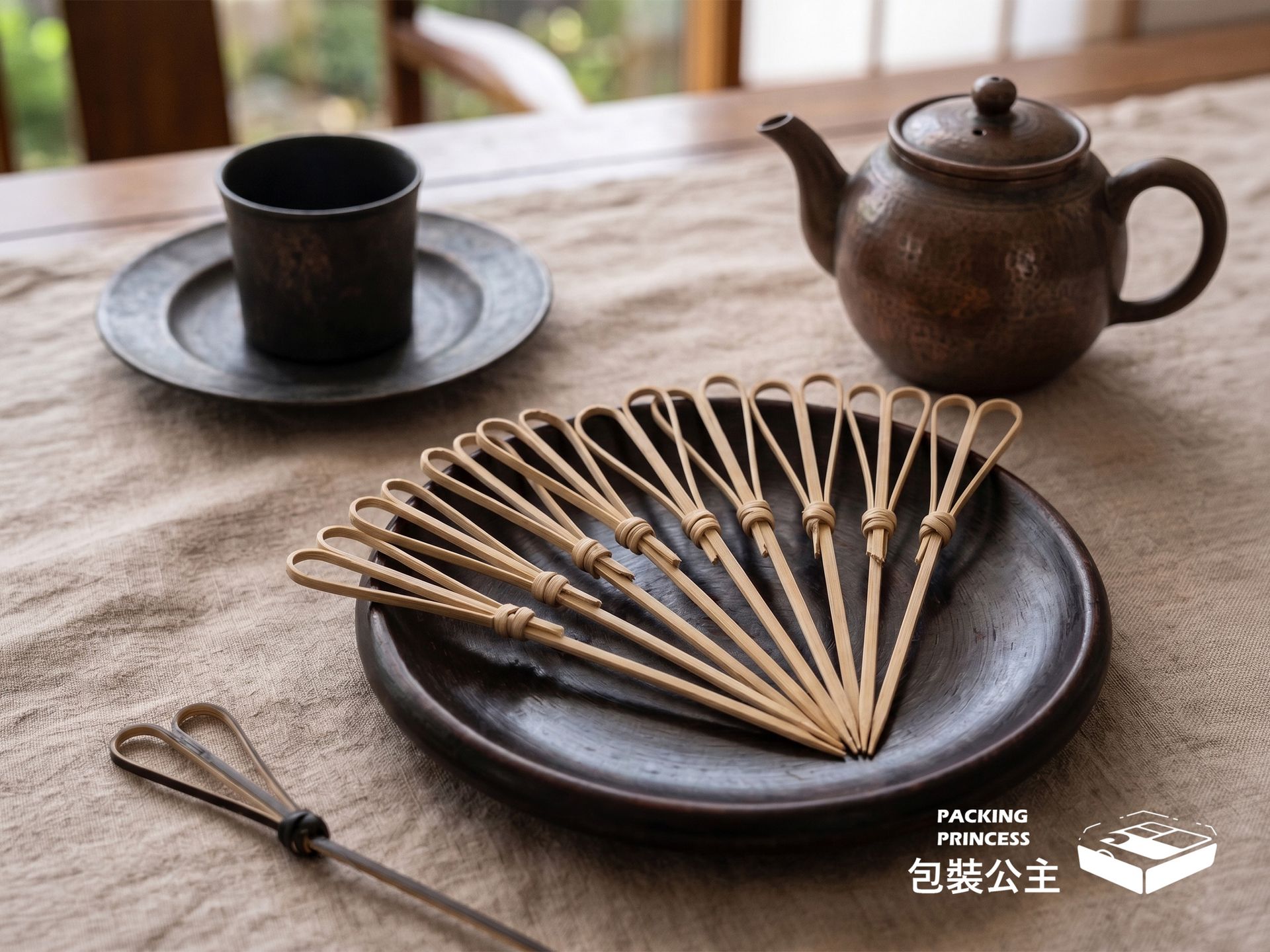 雙竹愛心(黑)造型竹叉，9 公分水果點心叉，獨特雙竹圈黑愛心設計，適合作為派對裝飾與精美點心竹籤。