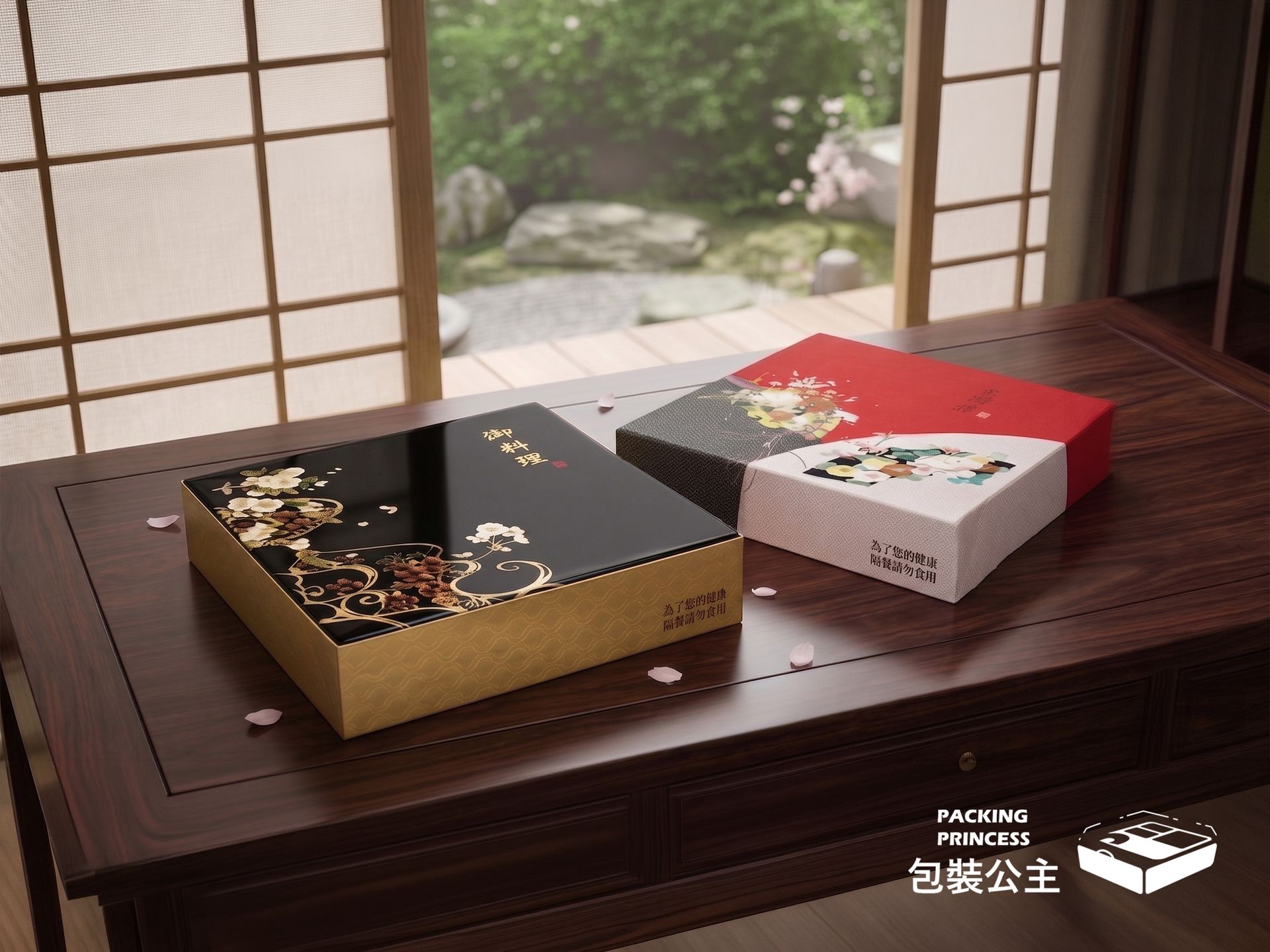 8080 系列日式紙餐盒：黑色五格耐熱內襯，低調奢華外盒設計，適合商務會議、飯店餐飲與高級外送餐點使用