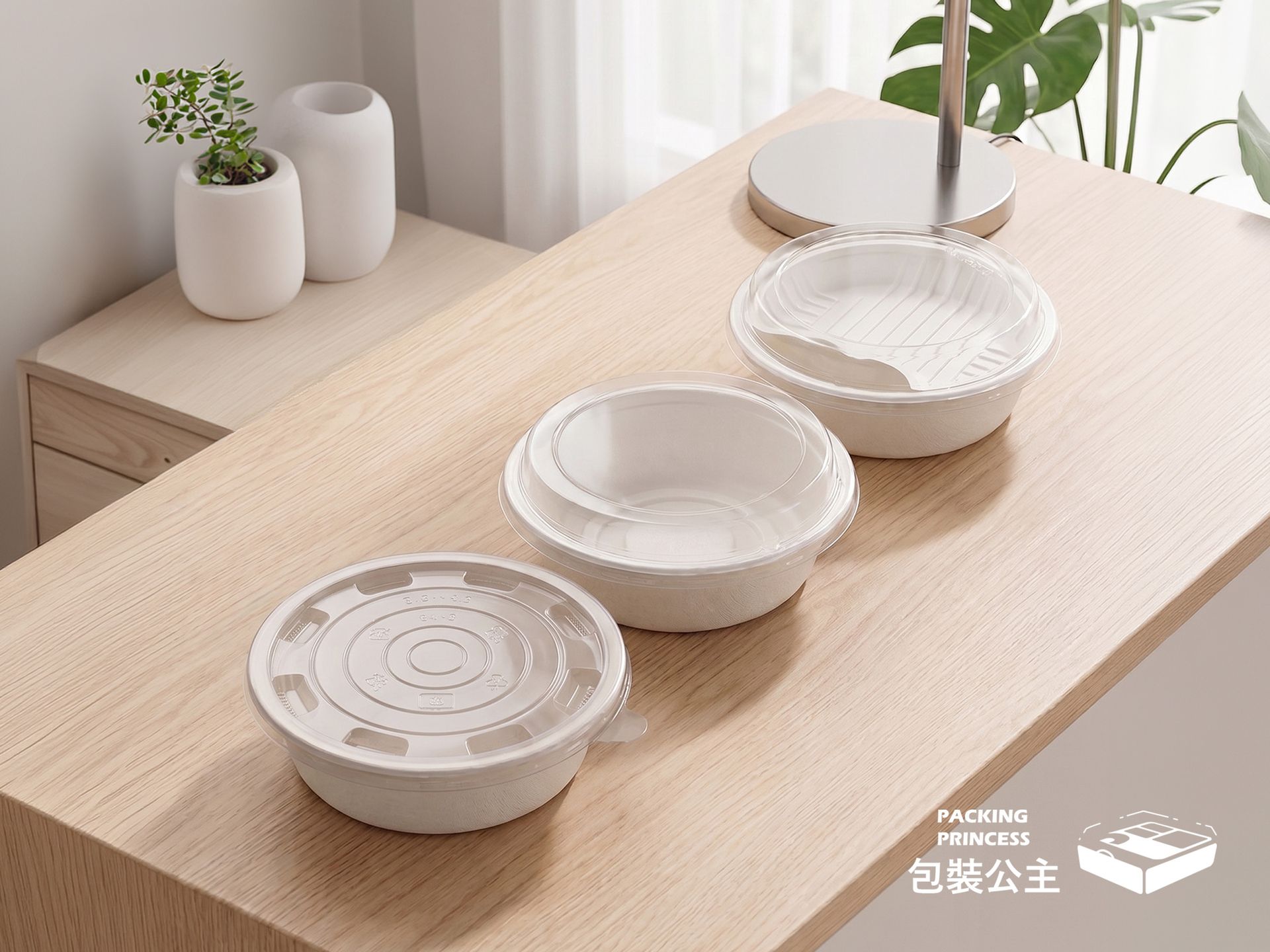 T850 | 環保紙漿碗 850cc 三種組合自由配 防漏，單品白色紙漿碗展示，提供環保餐飲外帶碗具選擇。