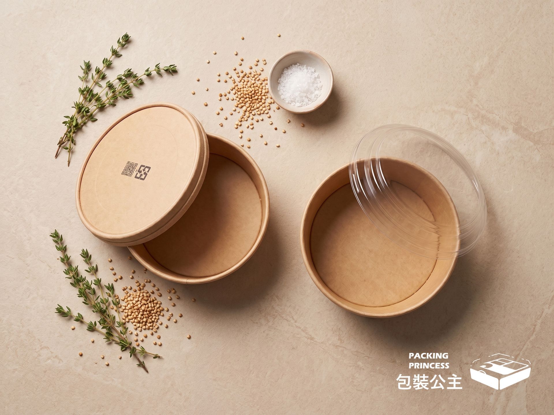 TH-500K 牛皮紙圓碗，容量 500cc，可搭配透明 PET 蓋，為環保外帶餐點提供優質選擇。