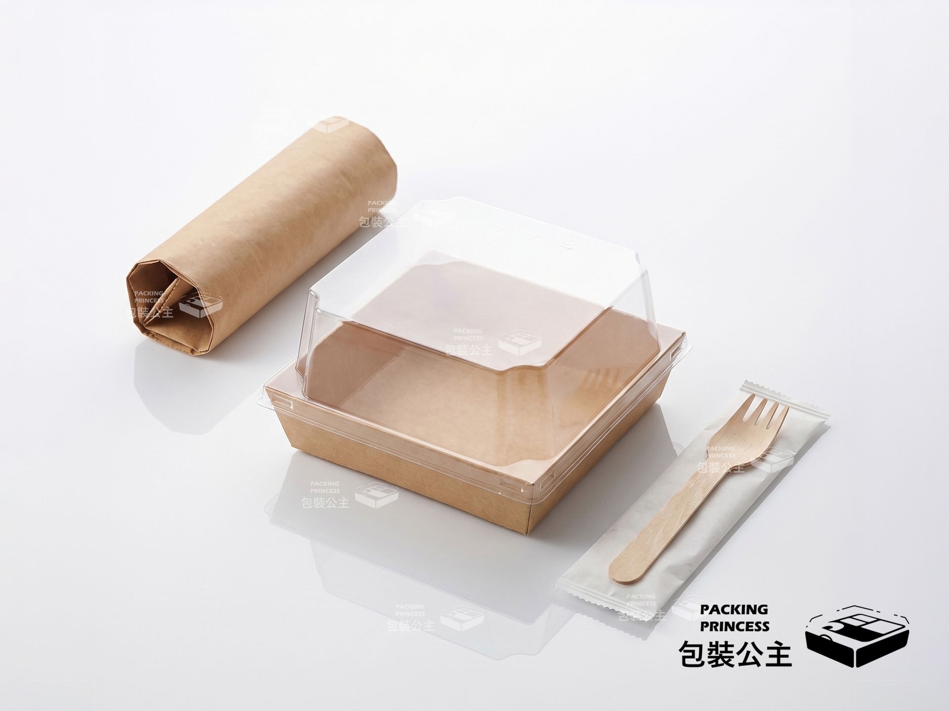 【日光慢食】牛皮紙外帶輕食餐盒四件套組,內含餐盒、透明蓋、牛皮紙餐具包,簡約野餐風格。