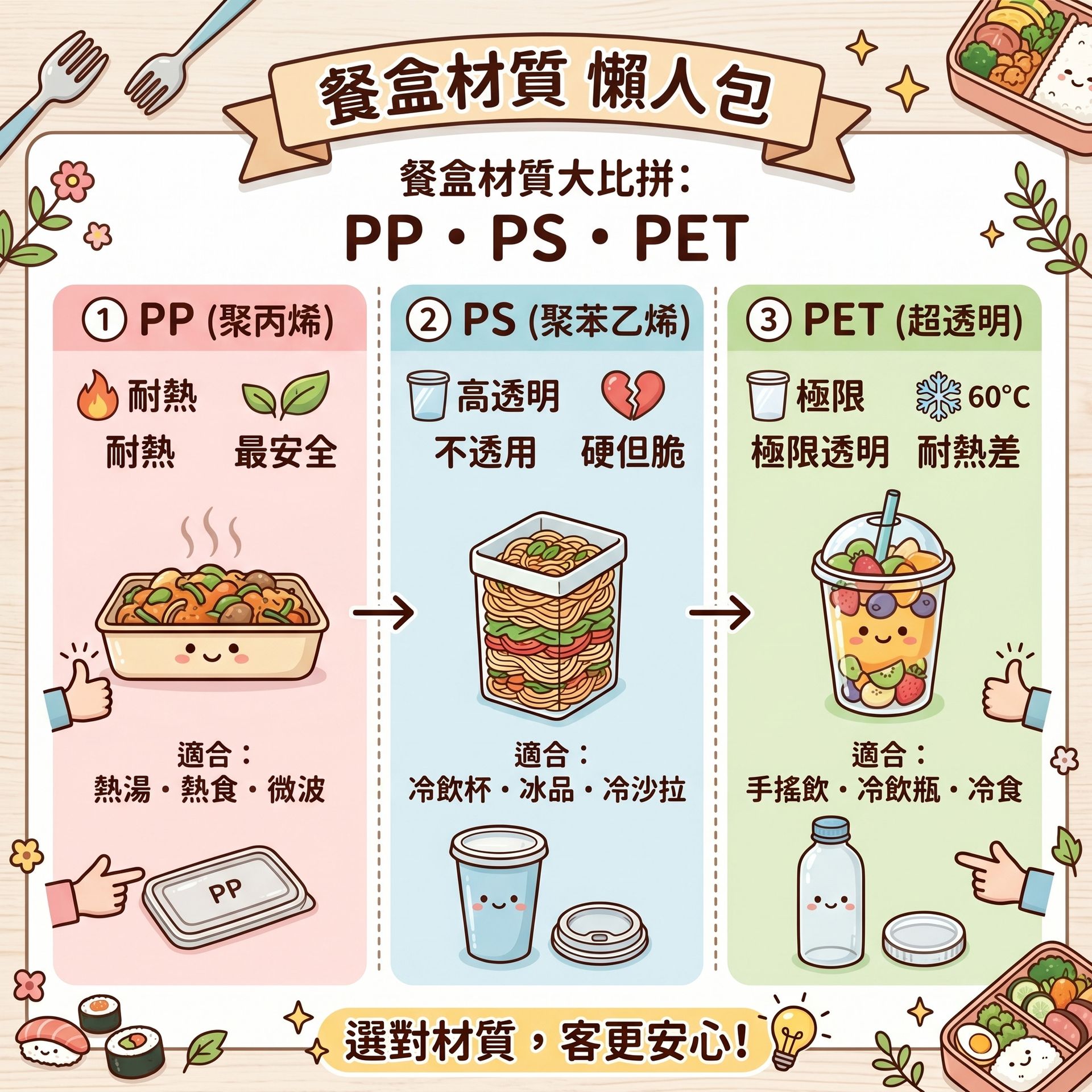 餐盒材質比較懶人包,解析 PP、PS、PET 塑膠差異,說明耐熱與透明度之選購關鍵。