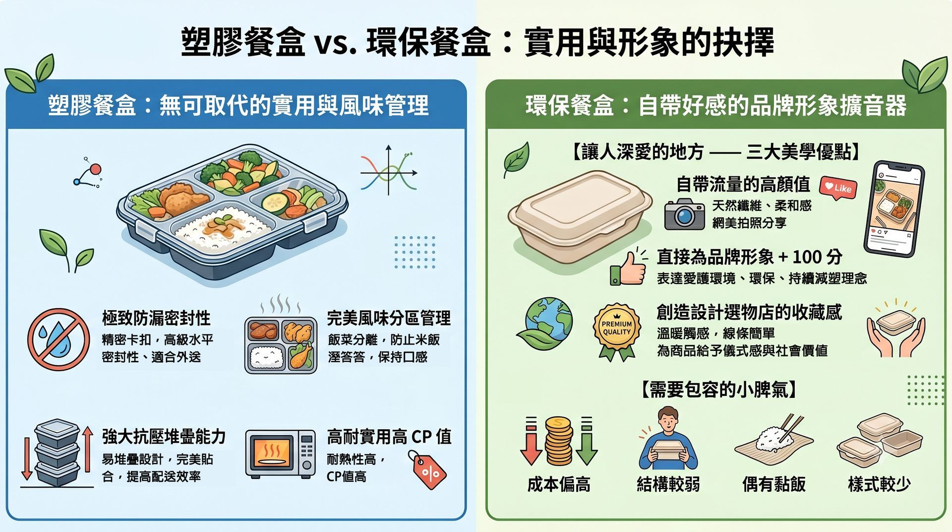外帶包裝成本效益分析,比較塑膠餐盒與環保餐盒對品牌形象與長期經營的差異。