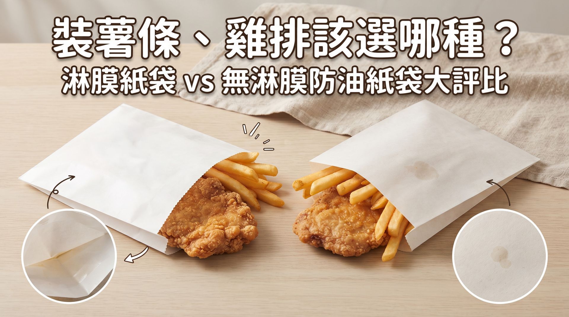裝薯條、雞排該選哪種？淋膜紙袋 vs 無淋膜防油紙袋大評比，協助店家挑選合適的炸物包裝紙袋。