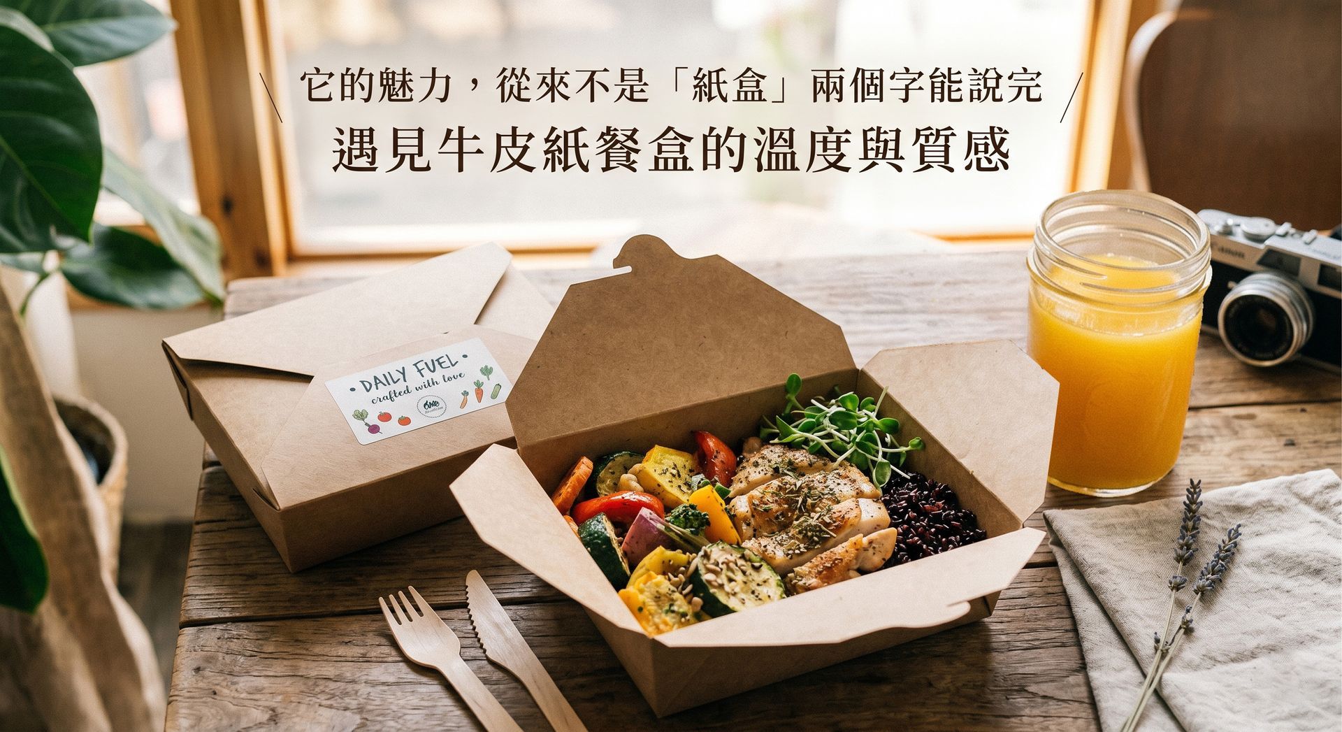牛皮紙餐盒呈現自然質感，提升外帶餐盒的品牌體驗與產品設計感。