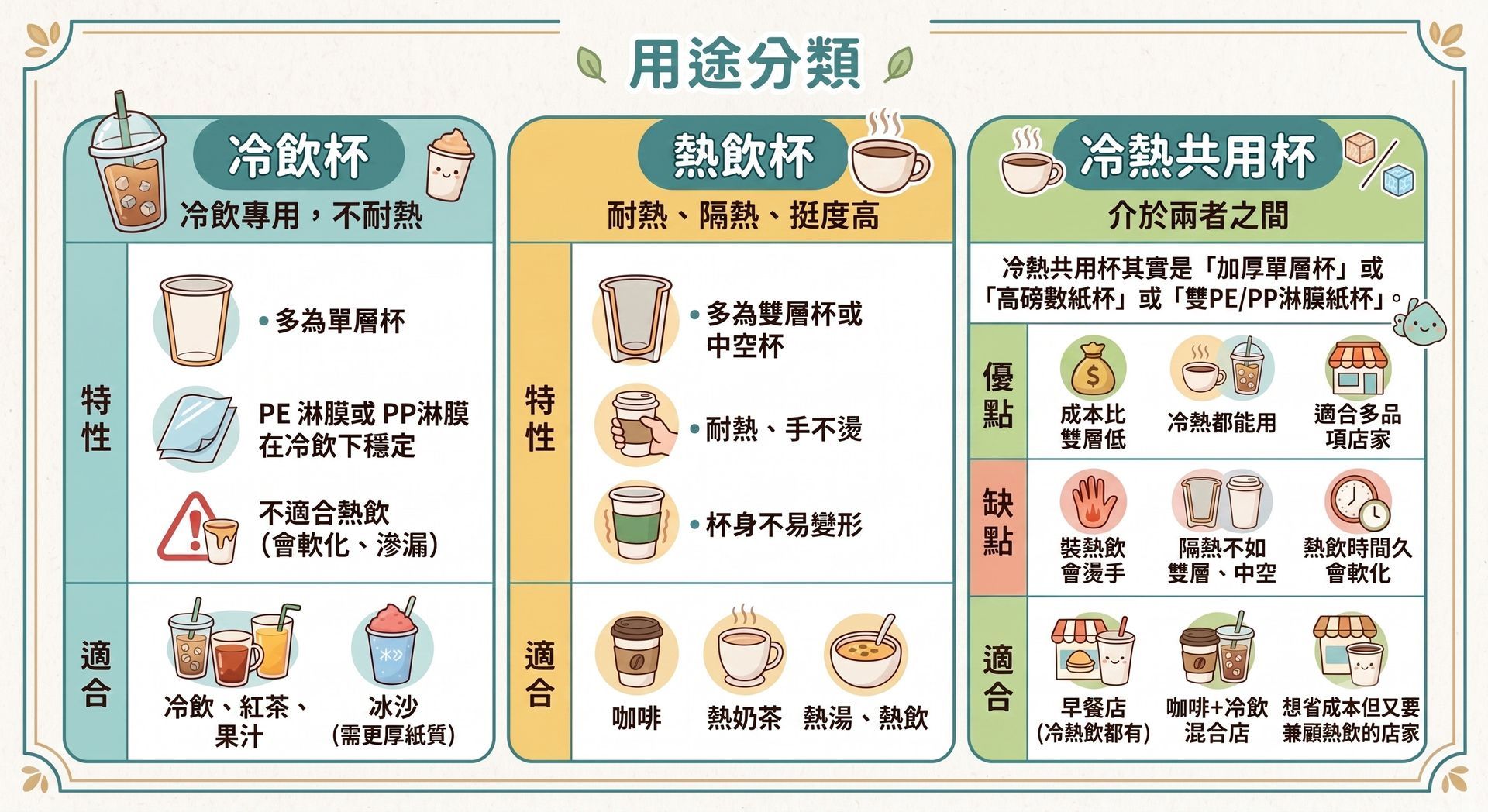 冷飲杯、熱飲杯、冷熱共用杯用途分類比較,協助顧客依據飲品特性挑選合適的容器材質。