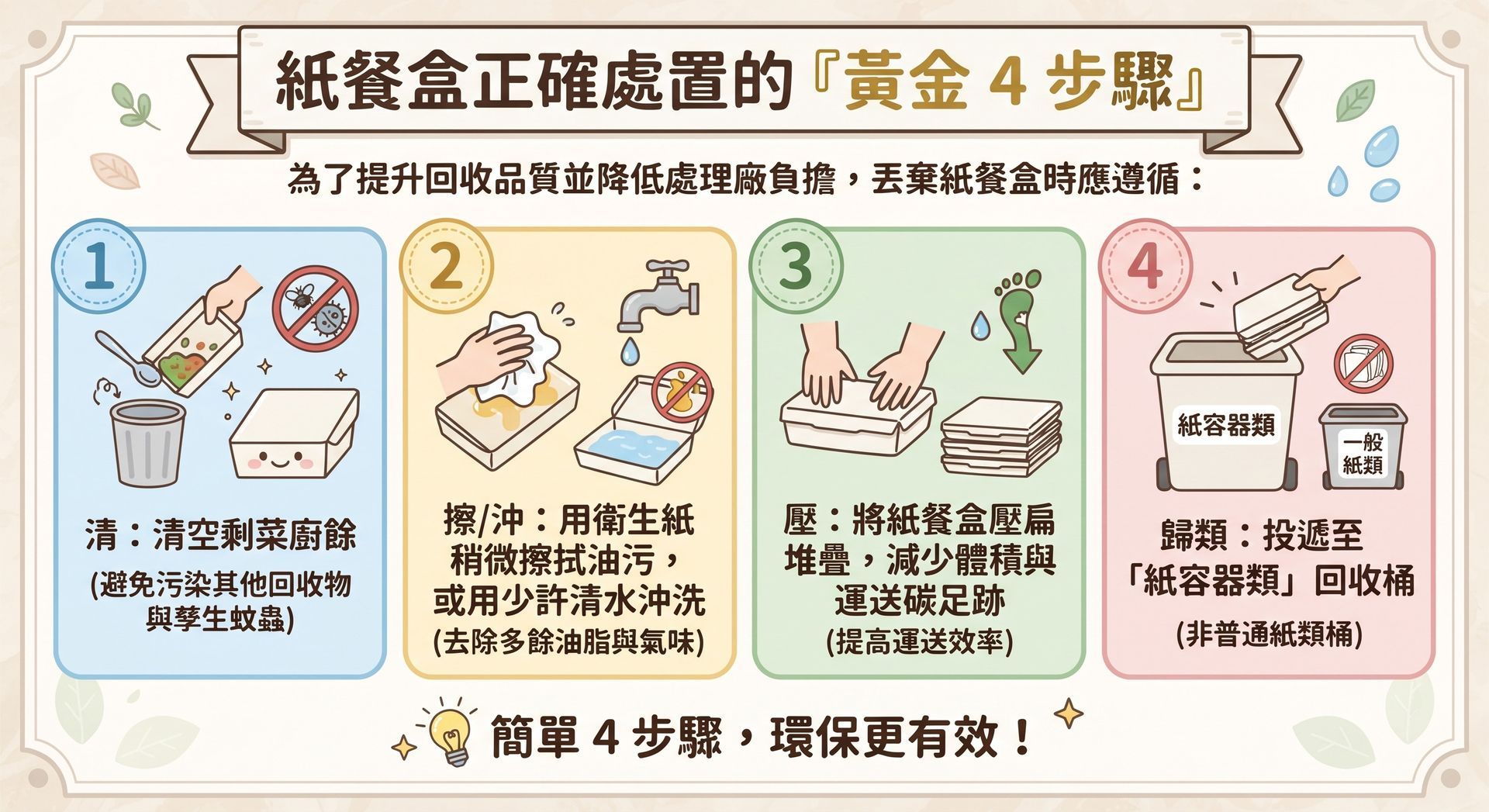 紙餐盒正確處置的「黃金 4 步驟」,圖解清空、擦拭、疊疊與回收分類,提升回收效能並減少環境負擔。