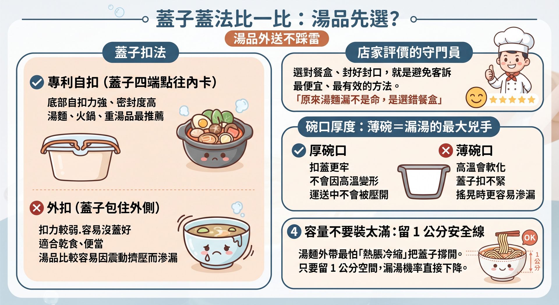 蓋子蓋法比一比,湯品先選!圖解碗口厚度、內扣與外扣設計對防漏效果的影響。