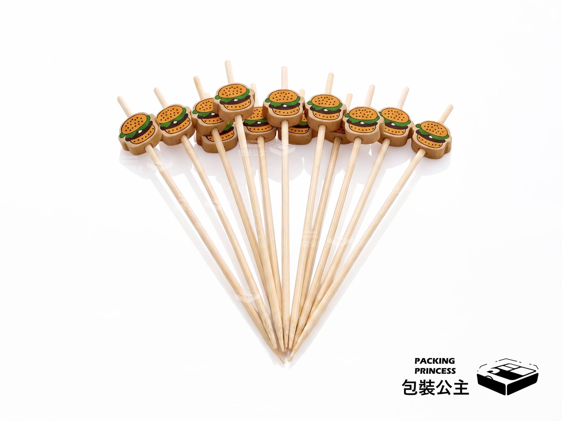 漢堡造型竹叉，12 公分長度，趣味漢堡圖案設計，適用於派對小食裝飾，增添用餐趣味。