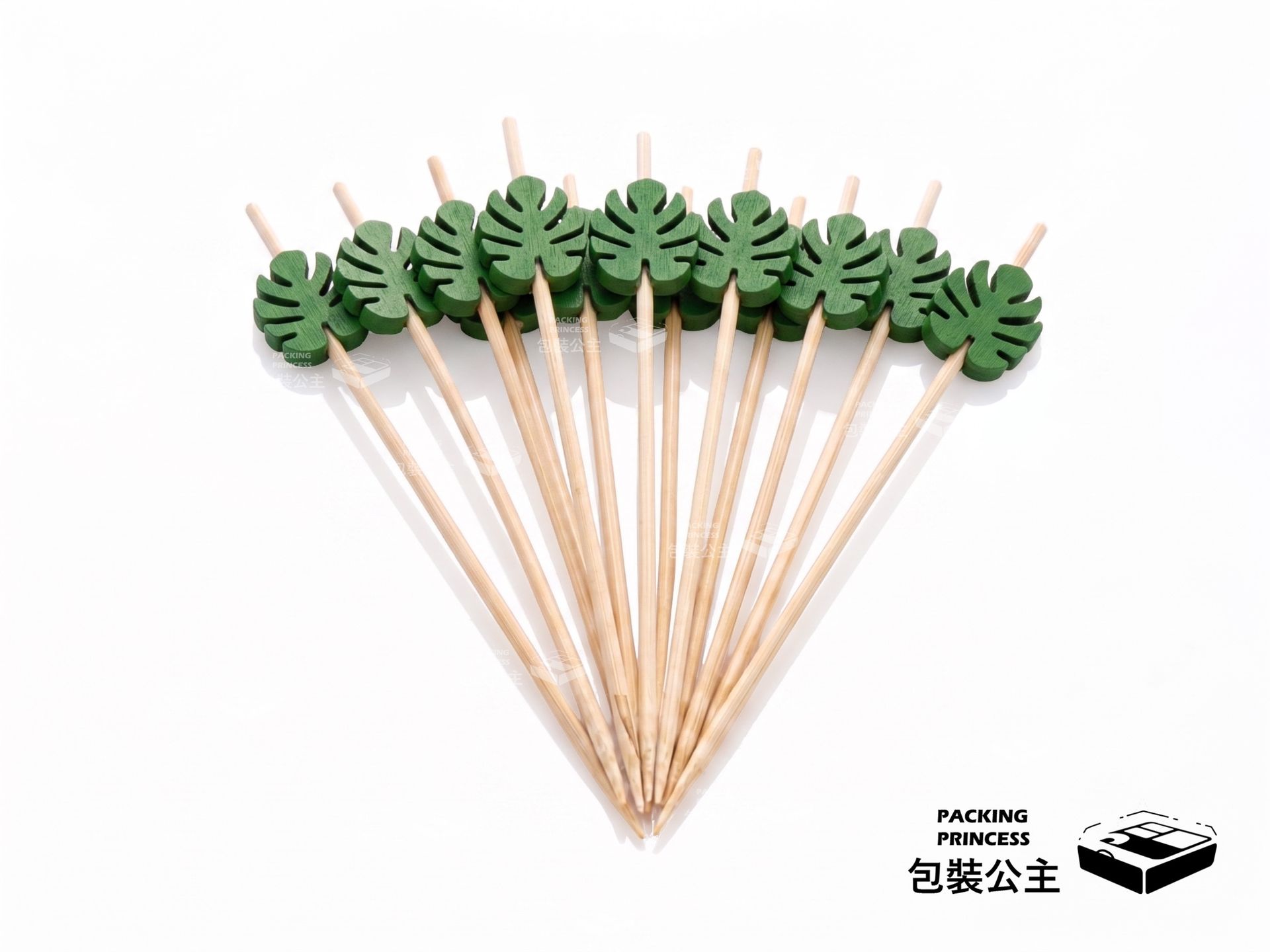 葉子造型竹叉，12 公分長度，自然風格設計，適用於派對小食與水果點心裝飾。