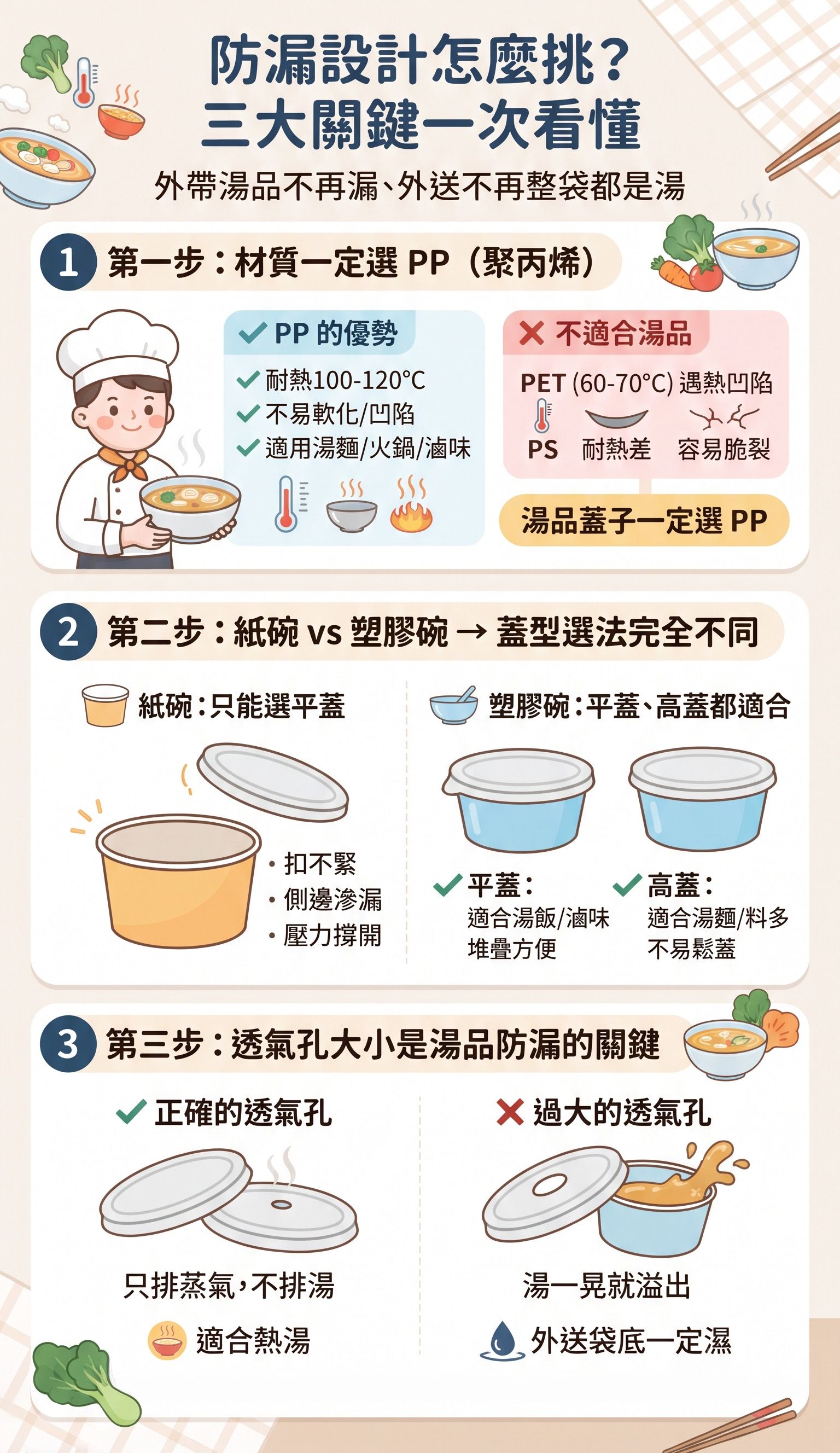 防漏設計怎麼挑?三大關鍵一次看懂,圖解外帶湯品材質選擇與 PP 材質的耐熱優勢。