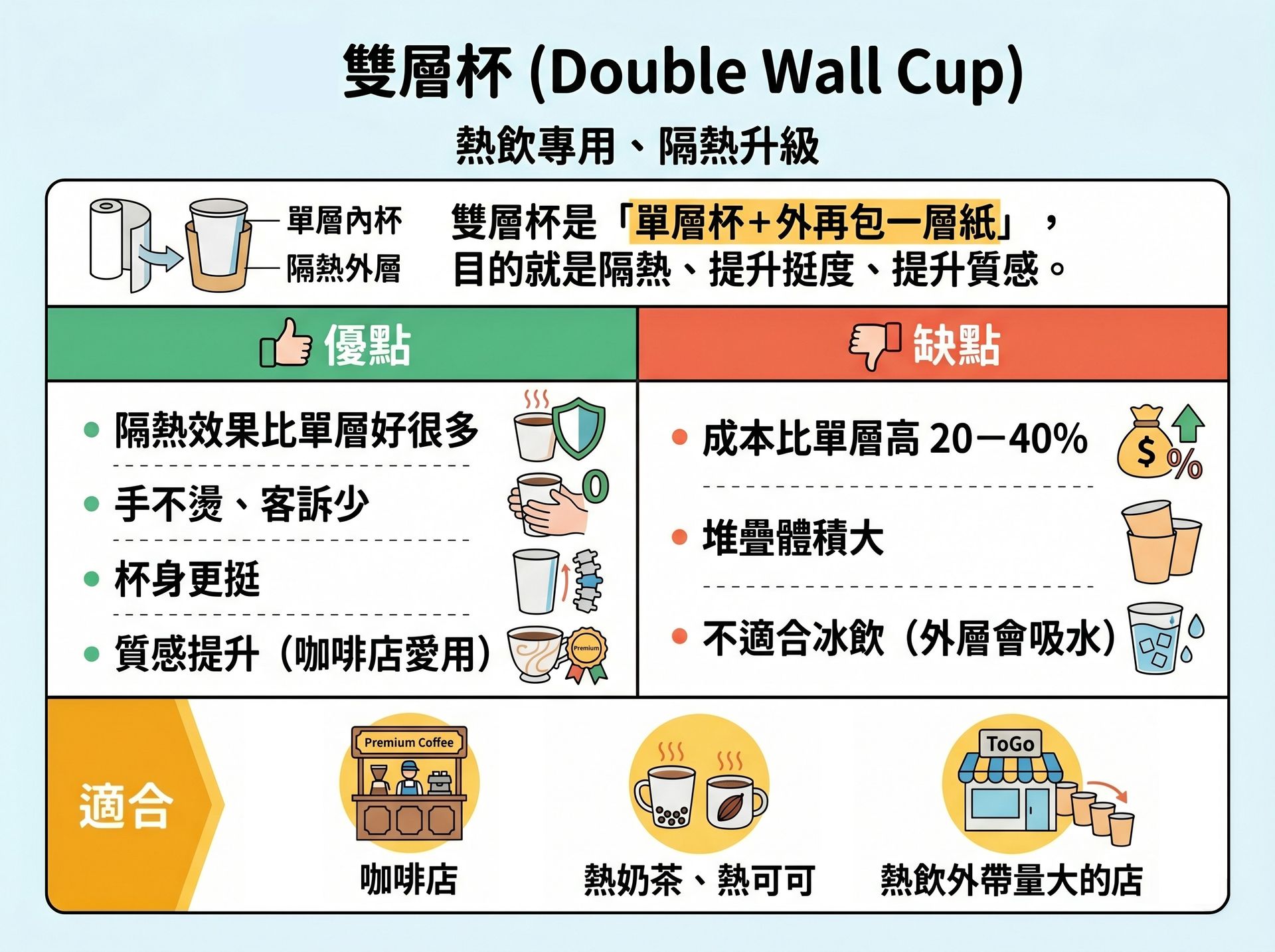 雙層隔熱紙杯產品優勢,探討其提升手感與防燙功能之設計,適合咖啡店選用。