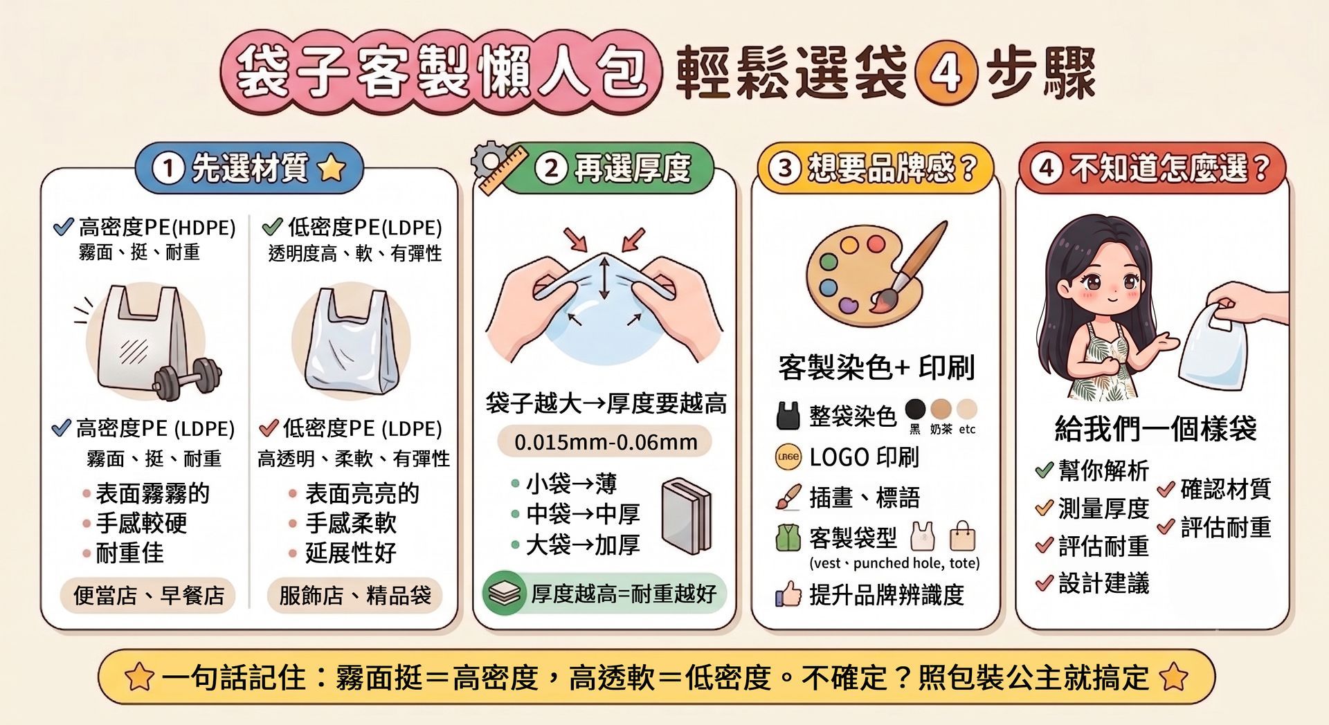 客製化塑膠袋選購四步驟懶人包,解析袋子材質、厚度、尺寸與客製印刷邏輯,協助品牌進行包裝訂製。