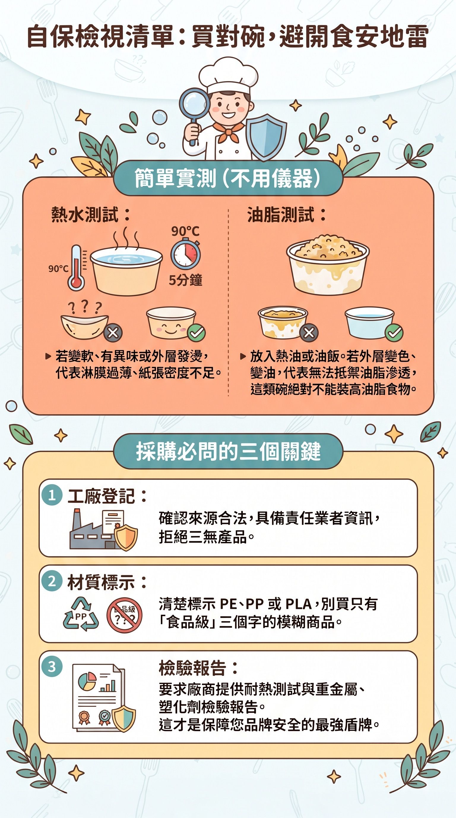 自保檢視清單：購買外帶餐具時，透過簡單的熱水與油脂實測，避開食品安全風險，確保顧客食得安心。