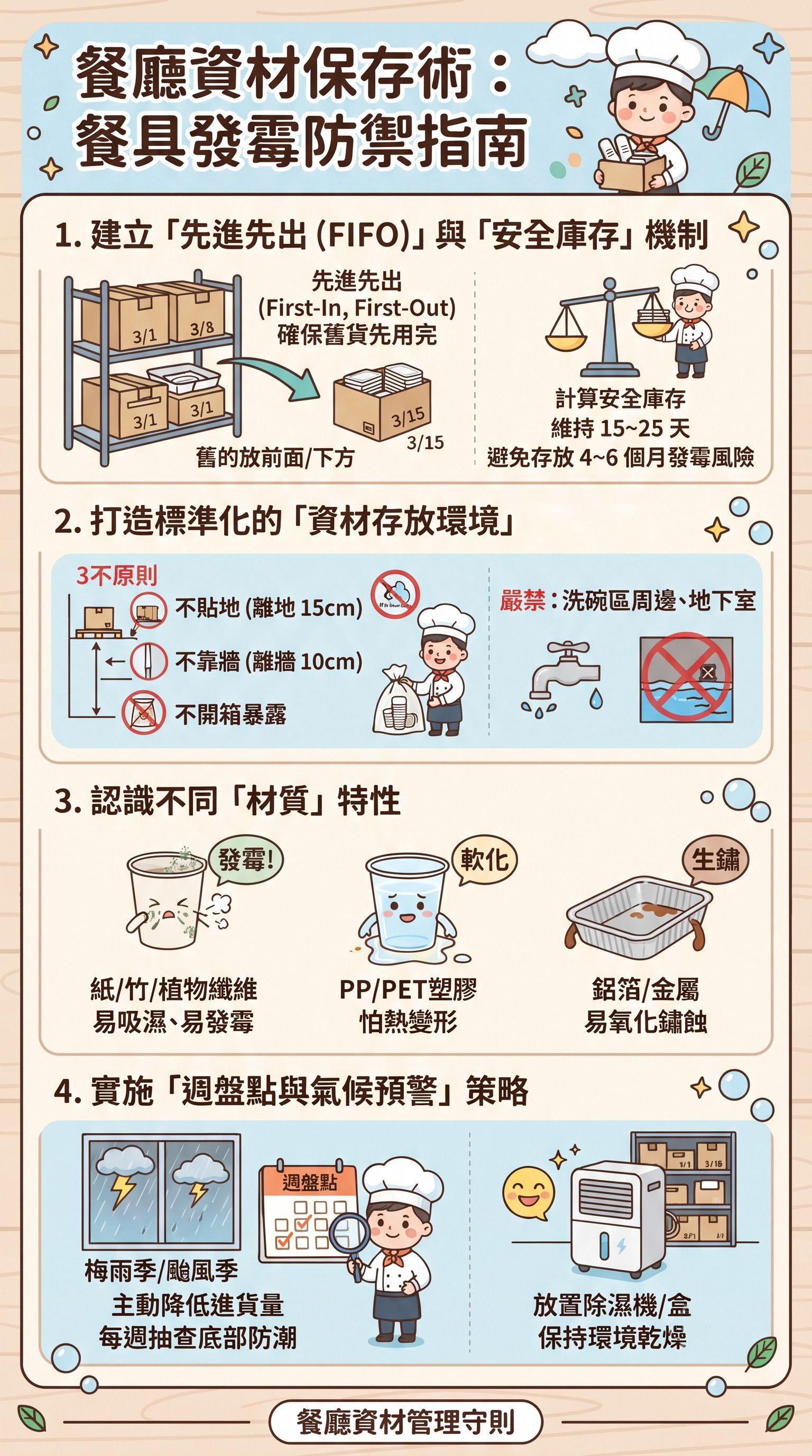 一次批發一箱真的有省到?當心「包材放發霉」反而賠更多,餐廳資材保存術與家具發霉防禦指南。