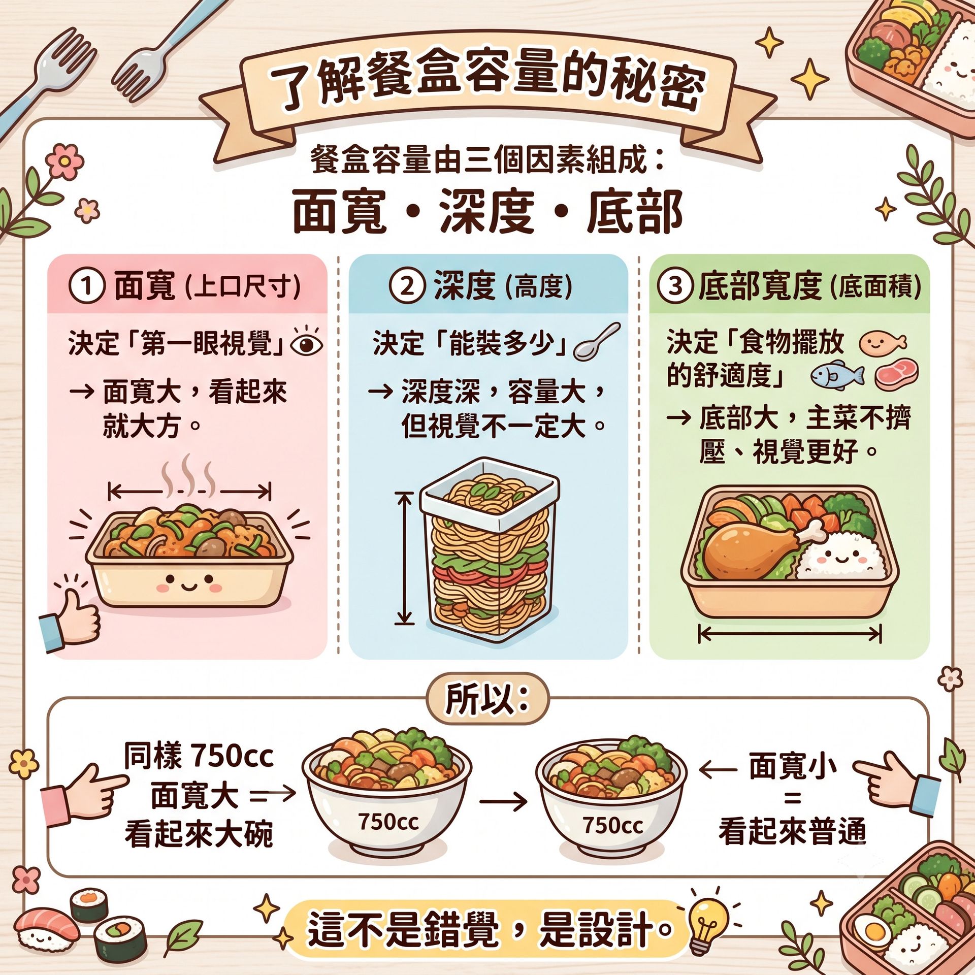 餐盒容量選購指南,說明影響餐盒容量的關鍵因素:面寬、深度與底部寬度,解析餐飲外帶包裝的挑選邏輯。
