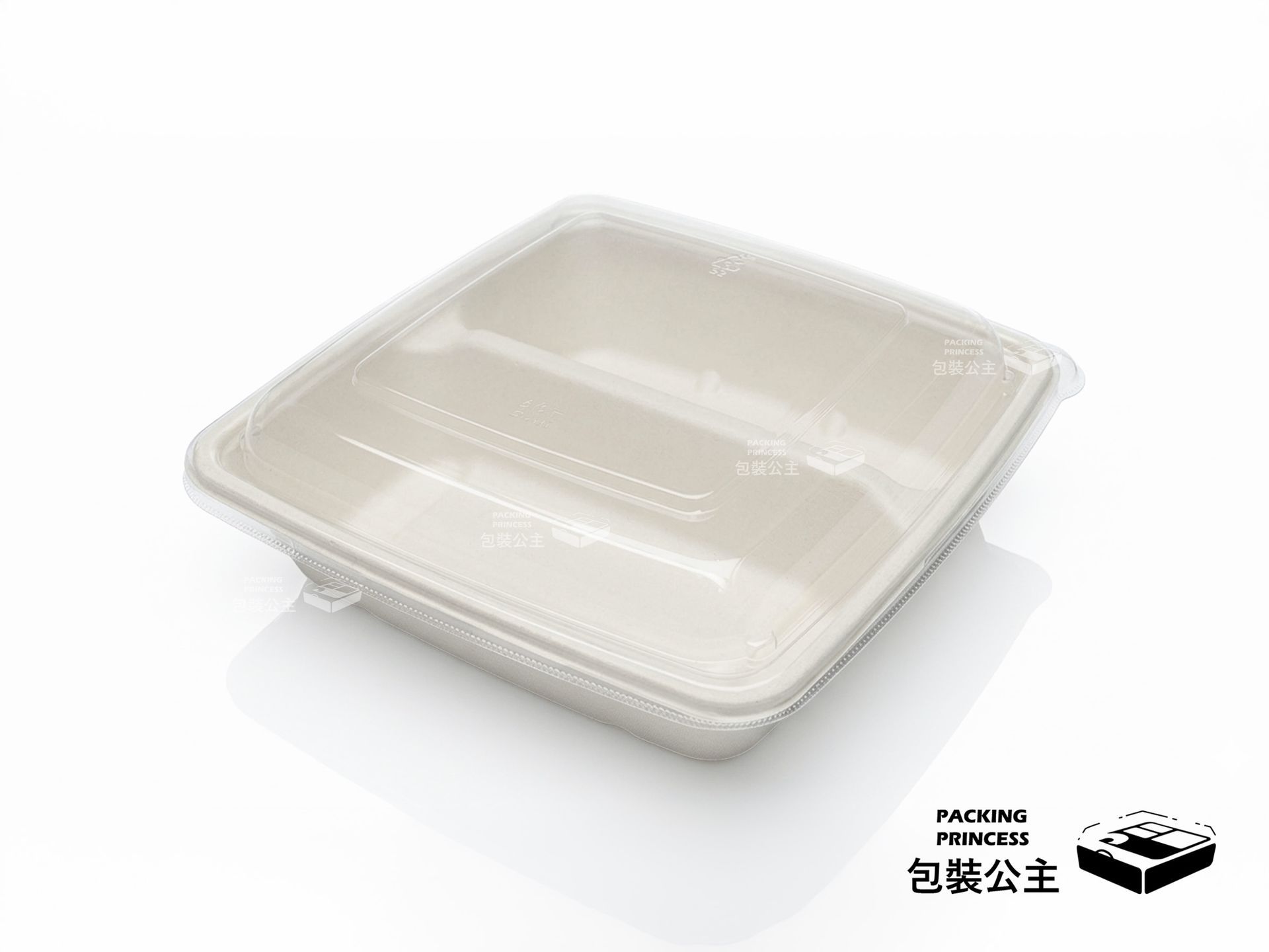 CS-1000-2 兩格環保植纖餐盒：搭配高透明 PET 上蓋，左右分隔設計，適合主食與配菜分裝，專業餐飲外送包裝推薦