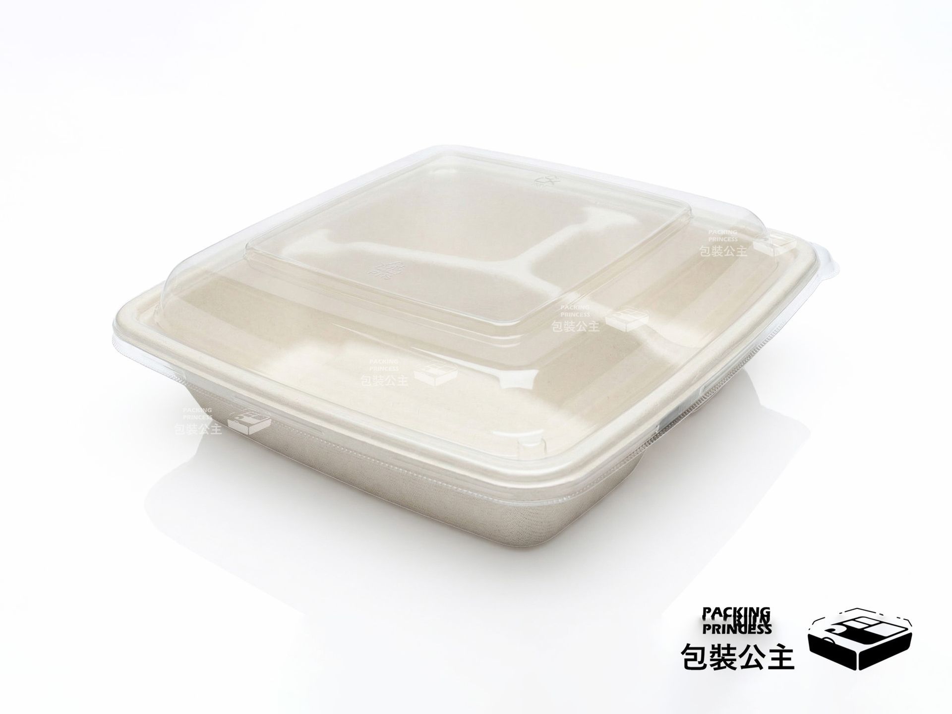 CS-1000-3 環保植纖三格餐盒：1000ml 大容量設計，搭配高透明 PET 上蓋，食材層次清晰可見，適合健康餐與健身餐外送