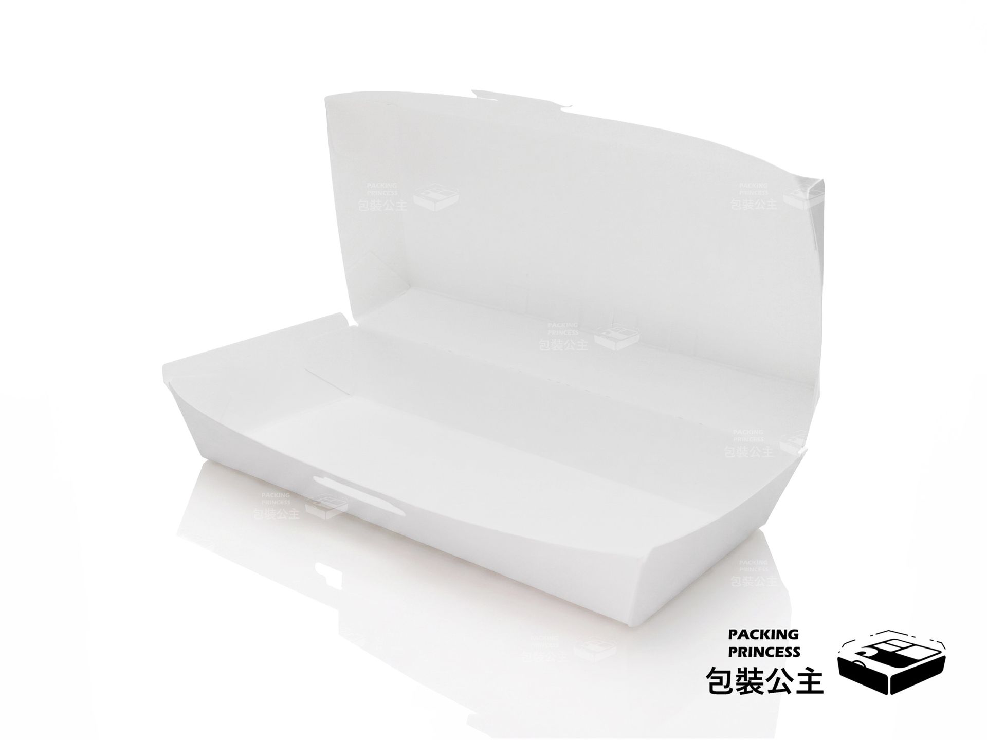 D-120 純白熱狗堡盒，一體成型設計，適合熱狗堡與長條點心外帶包裝
