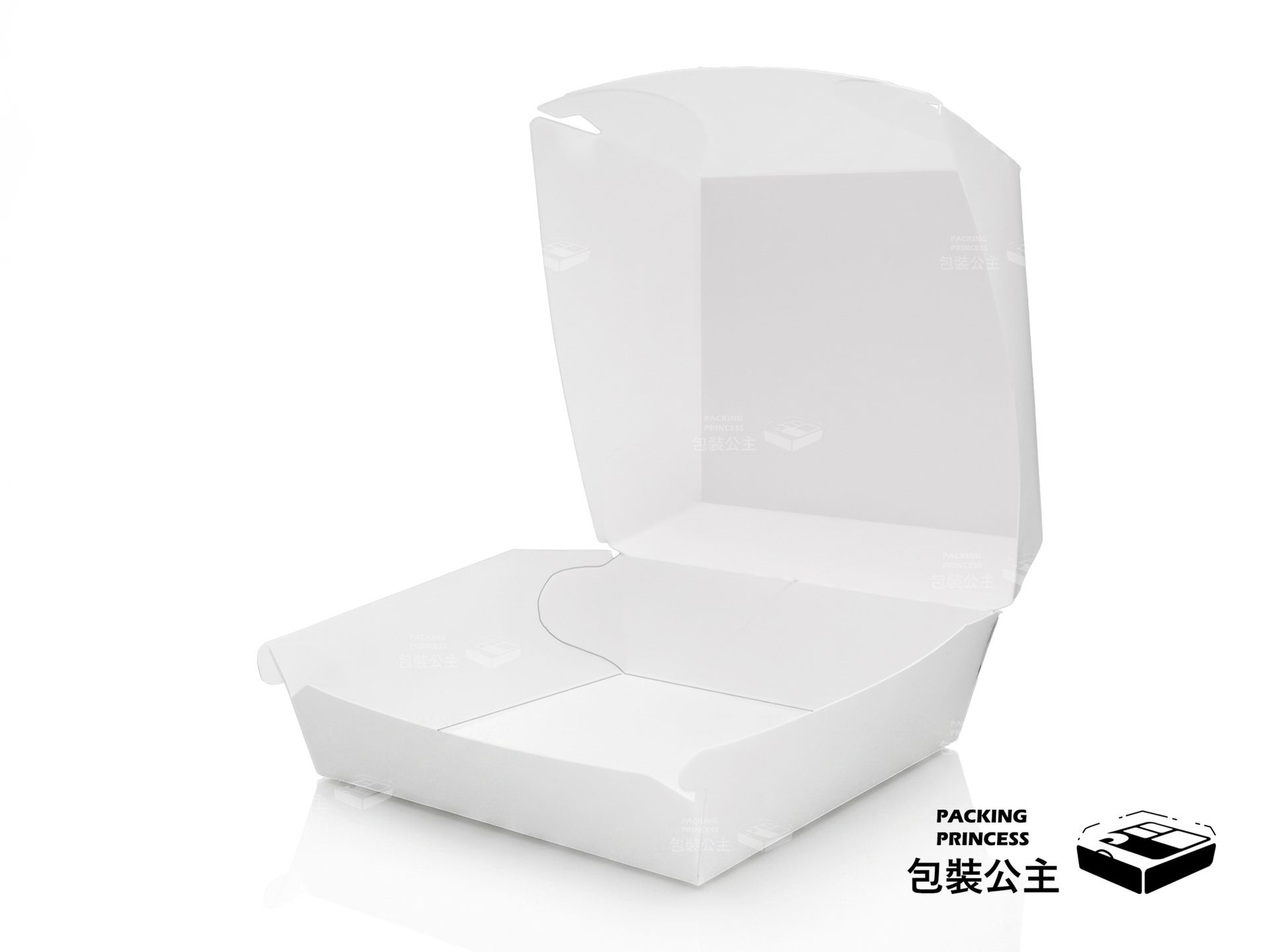 D62(XL) 掀口式漢堡盒，純白一體成型設計，包含特殊邊角設計與四個透氣孔，專業外帶包材