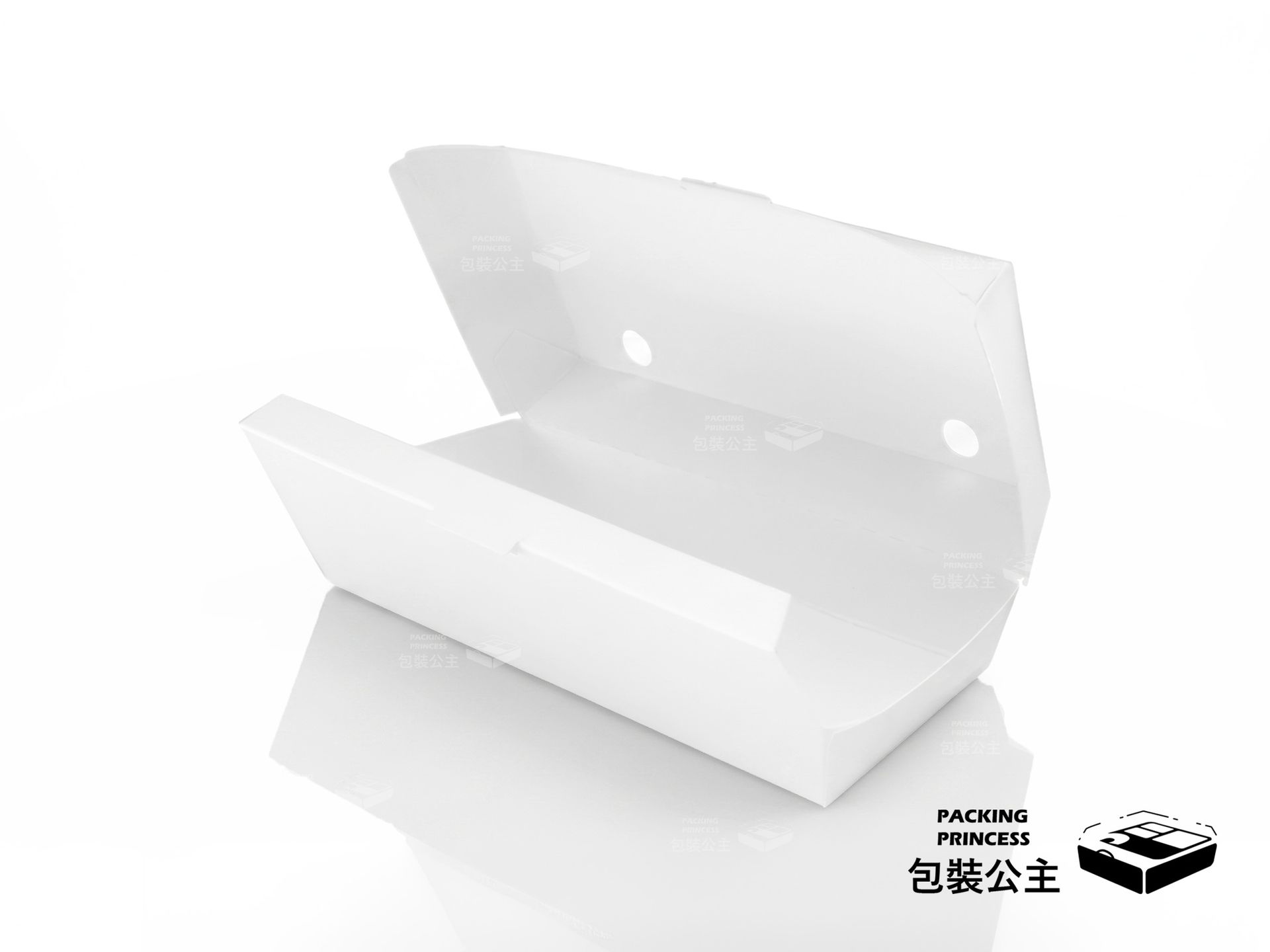 D68 純白熱狗堡盒，雙圓孔透氣設計，適合熱狗堡與長條點心外帶，純白簡約風格