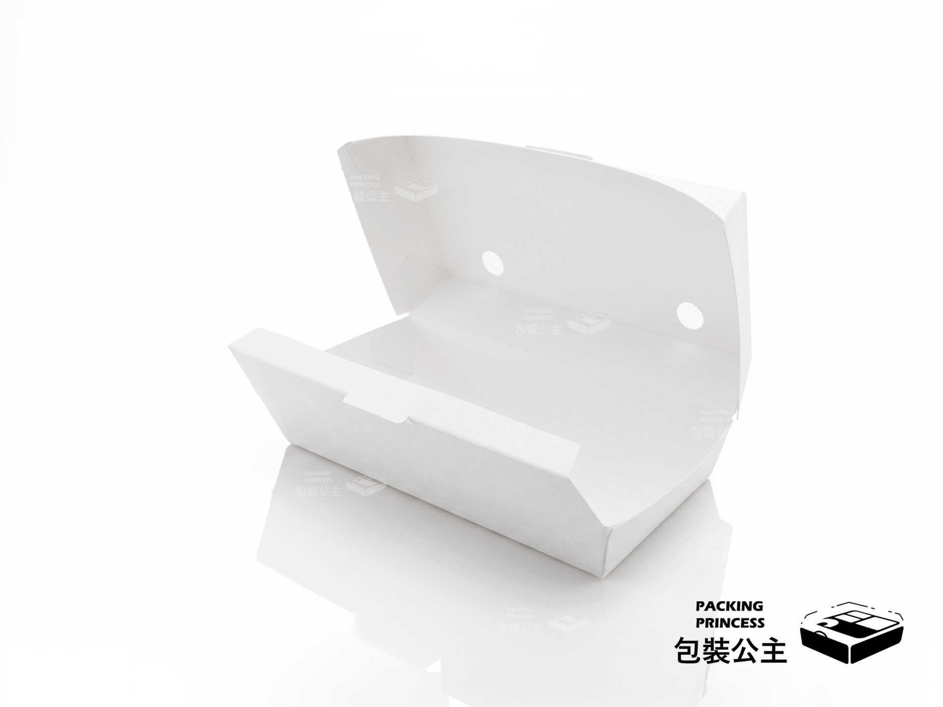 D69 純白熱狗堡盒（小），雙圓孔透氣設計，簡約純白外型，適合各類長條點心外帶