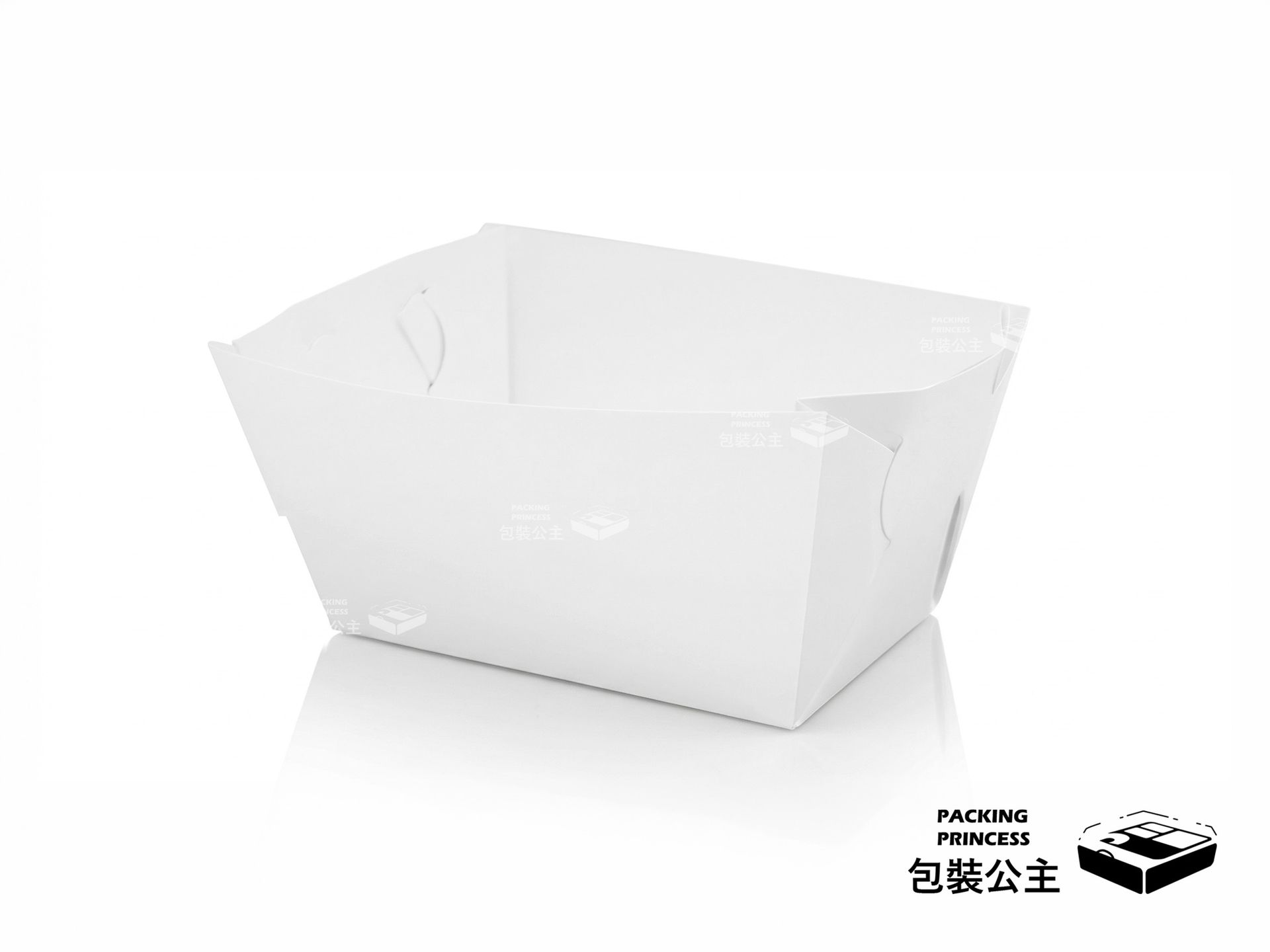 DF-01 白色組合式炸物盒：簡約白色紙質，適合外帶炸雞、烤肉串燒盛裝，開放式設計方便食用且透氣防潮