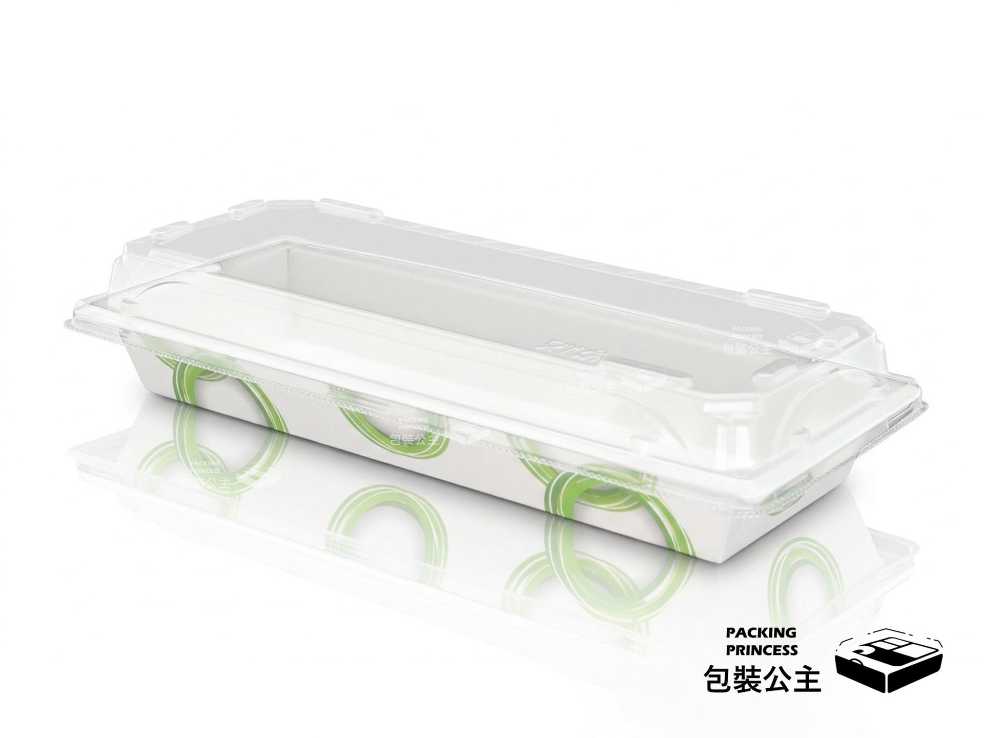 EP-02 長條型美饌紙盒(小)：搭配透明防霧凸蓋，精緻印刷底座，適合外帶壽司、手捲、捲餅與長條蛋糕展示