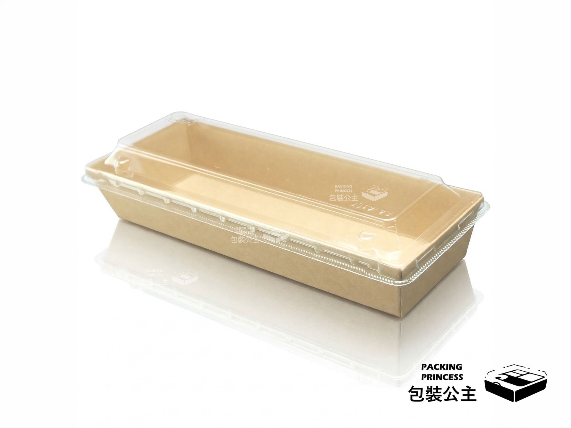 FA-430 牛皮紙美饌盒：搭配高透明防霧蓋，長條型設計適合外帶捲餅、壽司或長型輕食，展現極簡文青風格