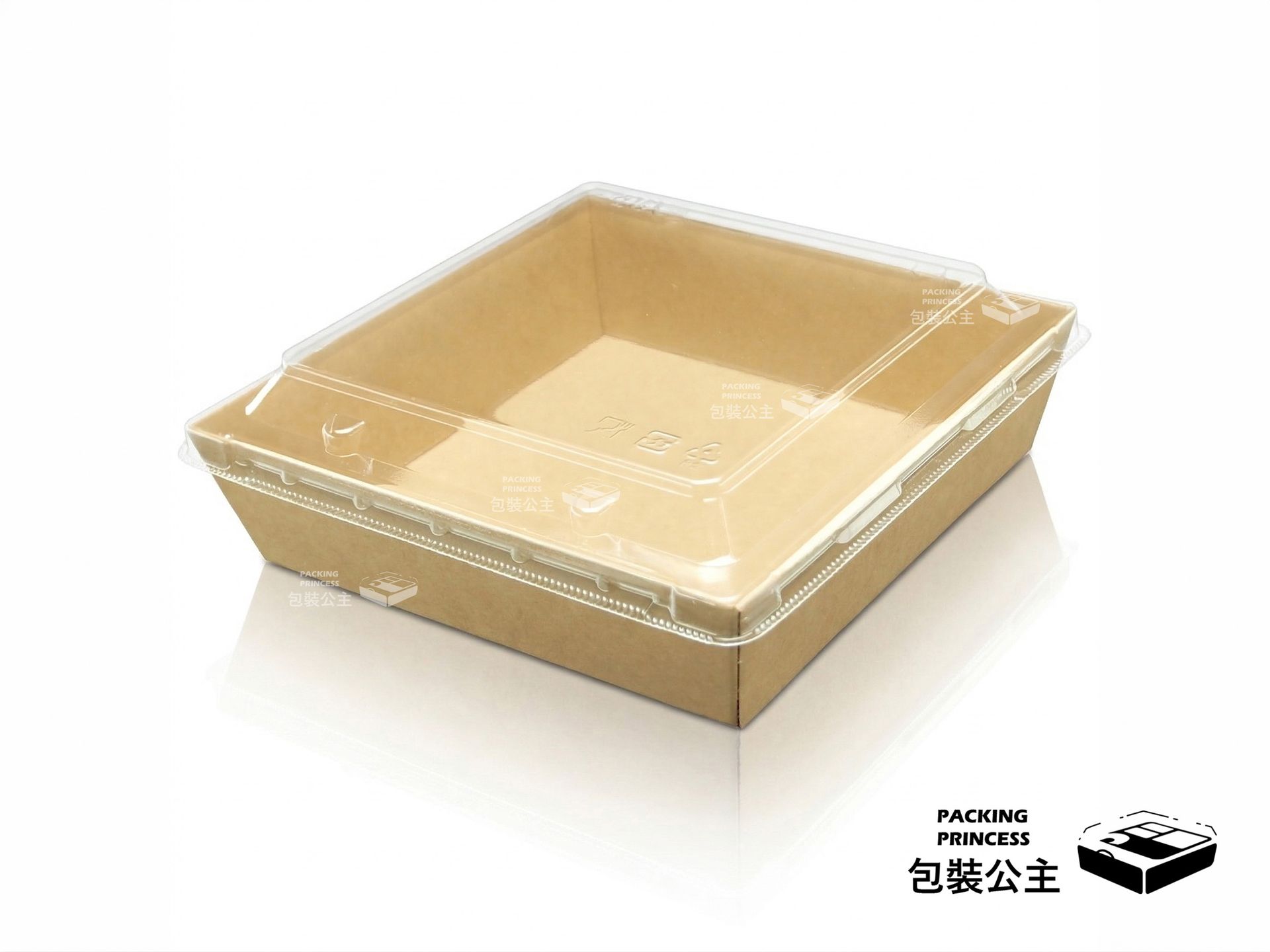 FA-435 正方形牛皮輕食盒：搭配透明蓋，適合外帶沙拉、切片水果與健身減脂餐，環保耐熱材質，適合早午餐店、精品咖啡廳外帶包裝使用