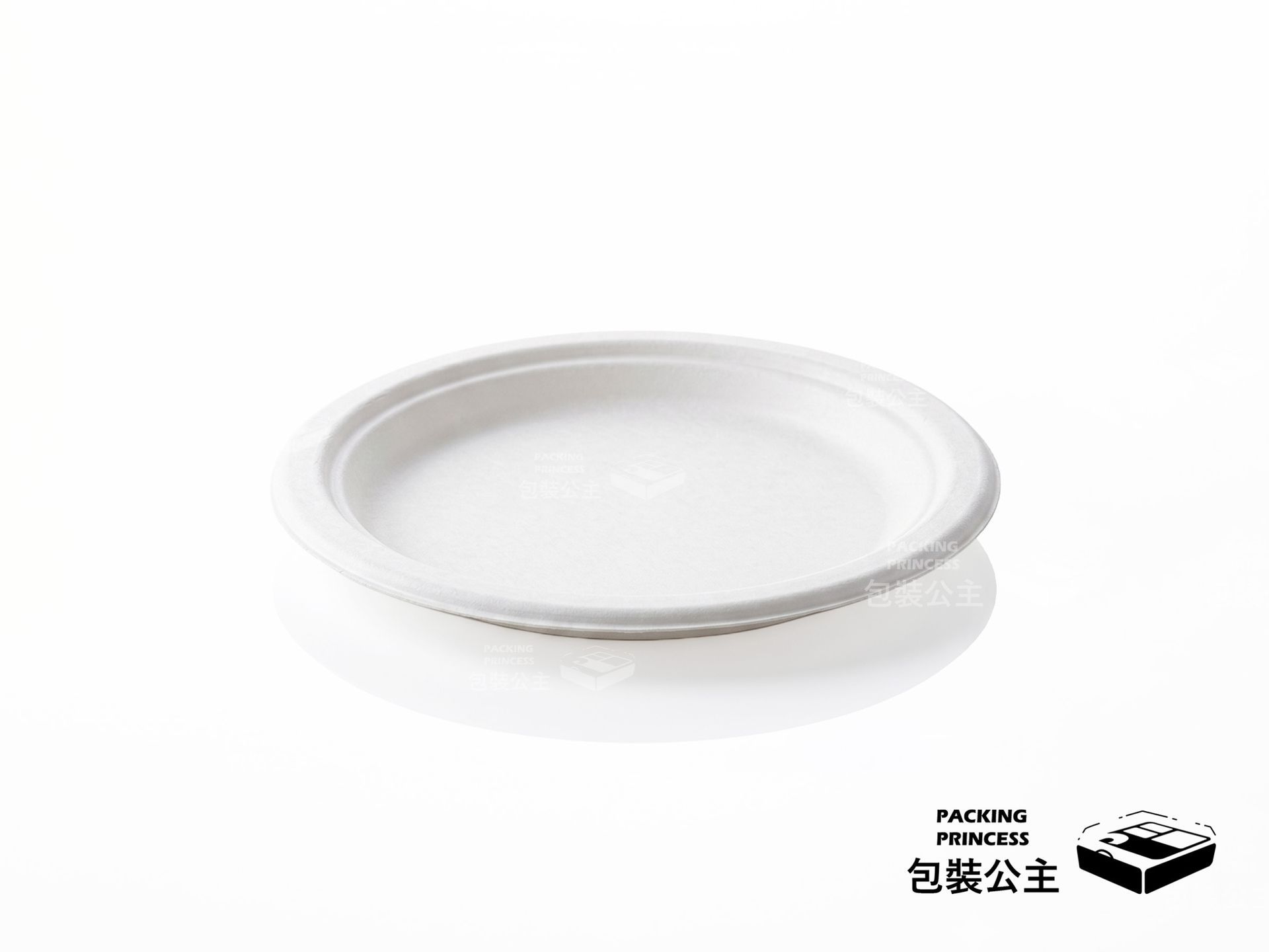 FD-9 | 9吋圓形環保紙漿盤 會議餐盤 可自然分,單品白色 9 吋圓形紙漿盤正面斜向展示,提供會議與餐飲外帶環保餐具選擇。