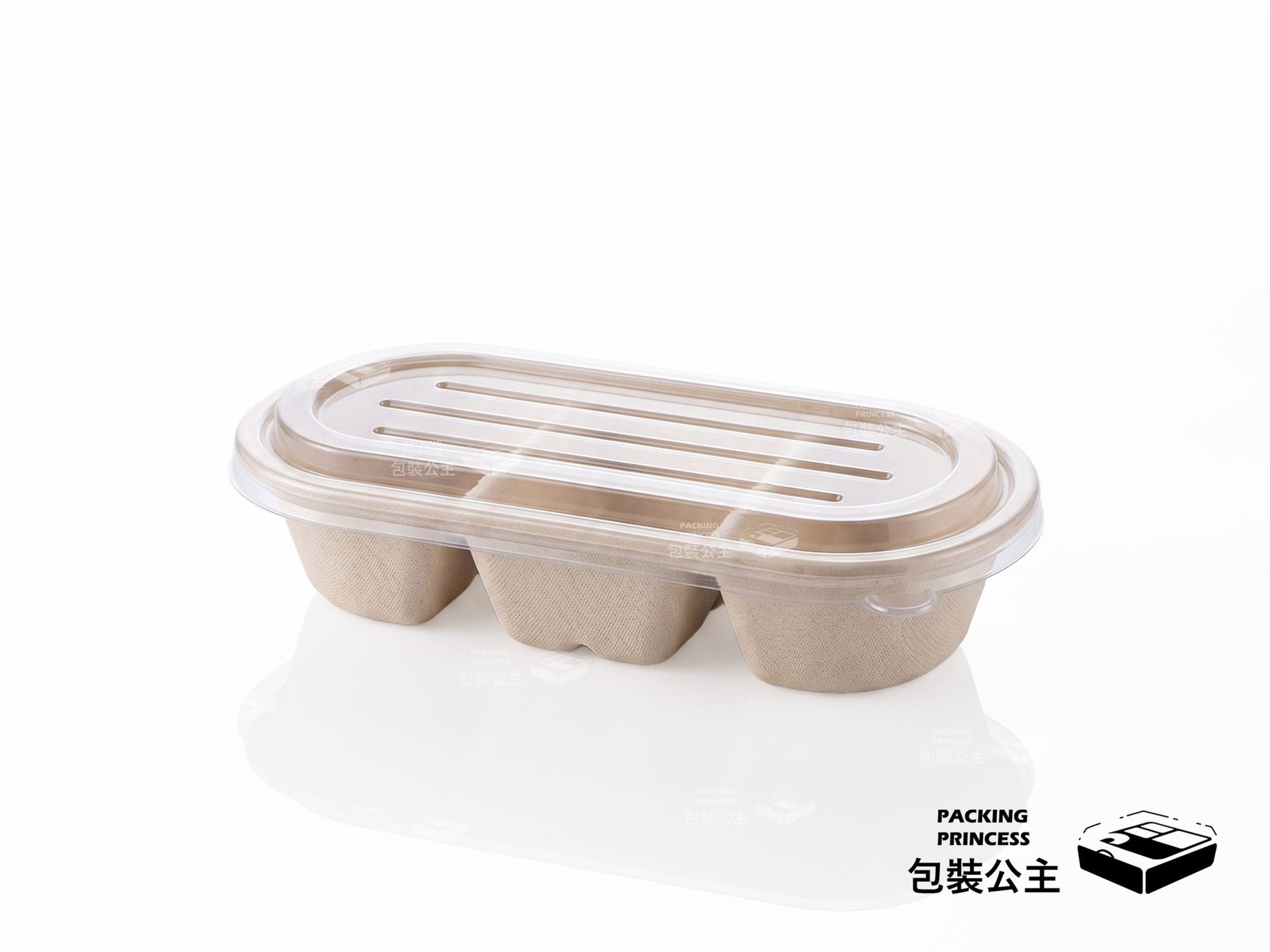 GFS-03 環保植纖三格餐盒，搭配 PET 透明蓋，設計簡約且適合多樣餐點分類外帶。
