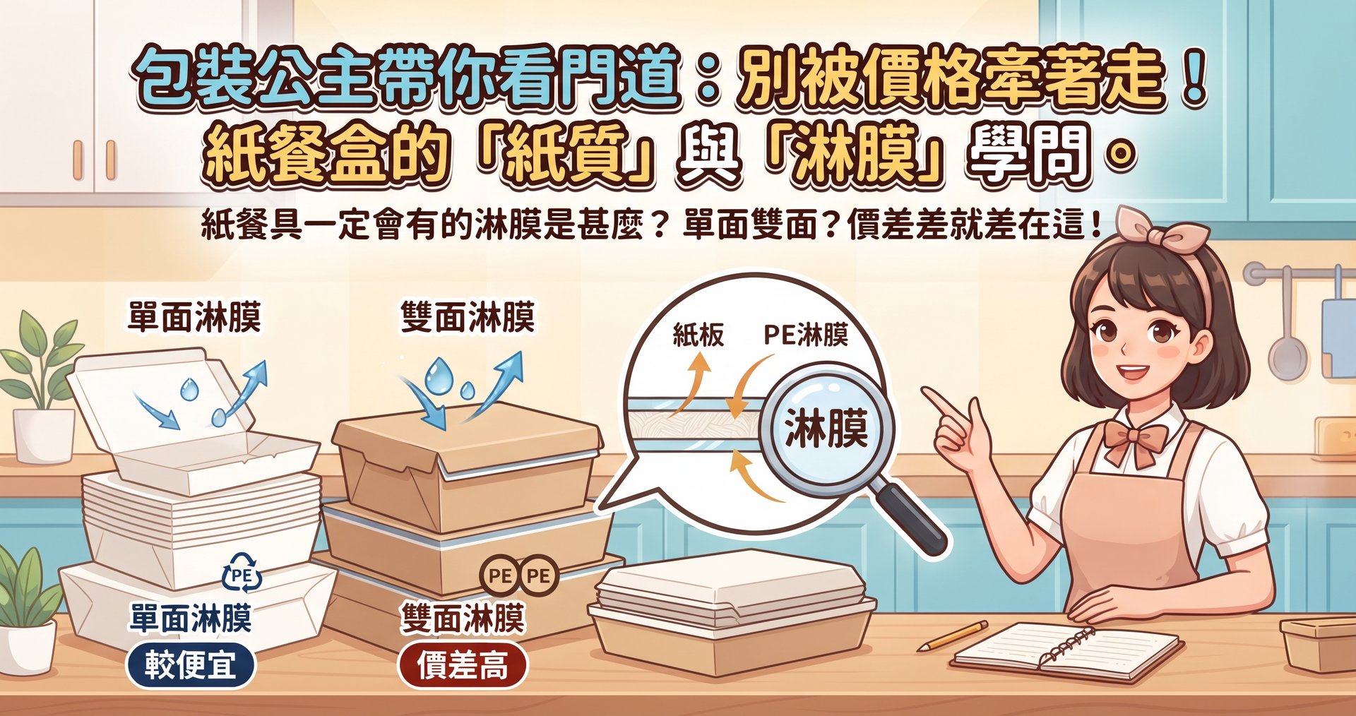 包裝公主教學內容，分析紙餐盒單面與雙面淋膜差異，協助顧客挑選適合的包材，避免盲目比價。