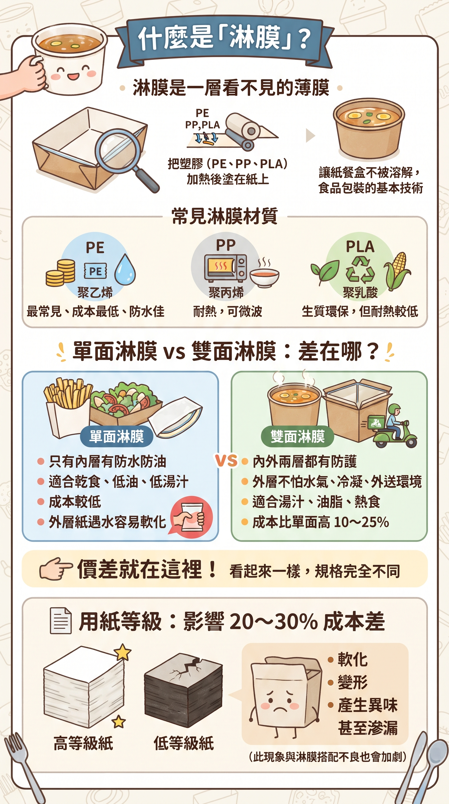 什麼是淋膜教學圖,解釋淋膜為紙張表層的塗層,並介紹 PE、PP 與 PLA 常見材質,建立食品包裝基礎知識。