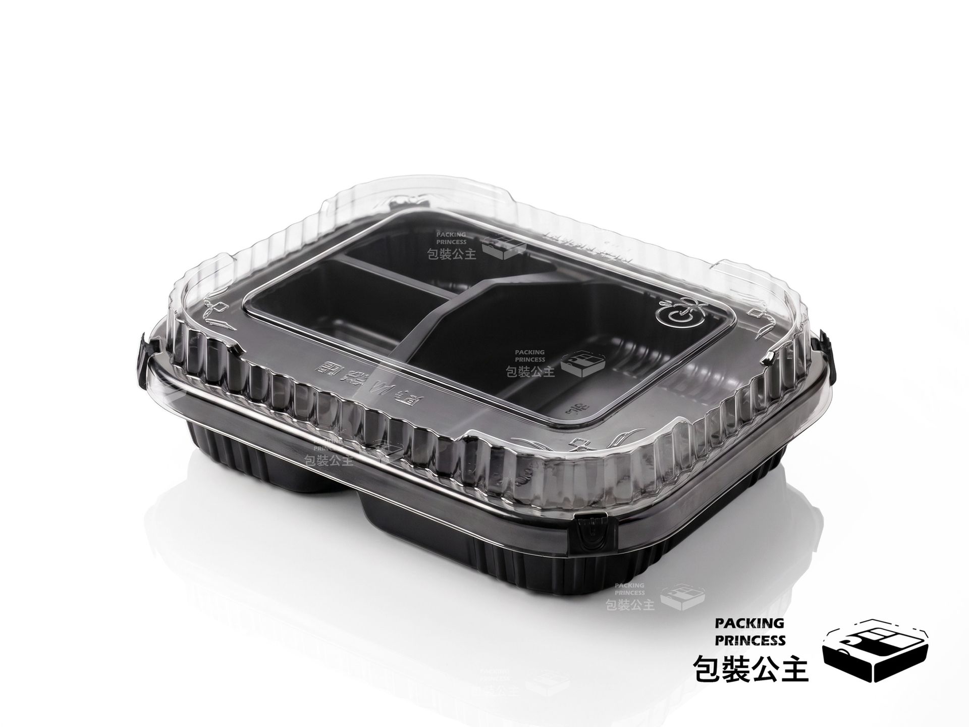 HPP-S4B四格自扣式專業餐盒，具備專利自扣設計，確保外帶過程中密封與安全。
