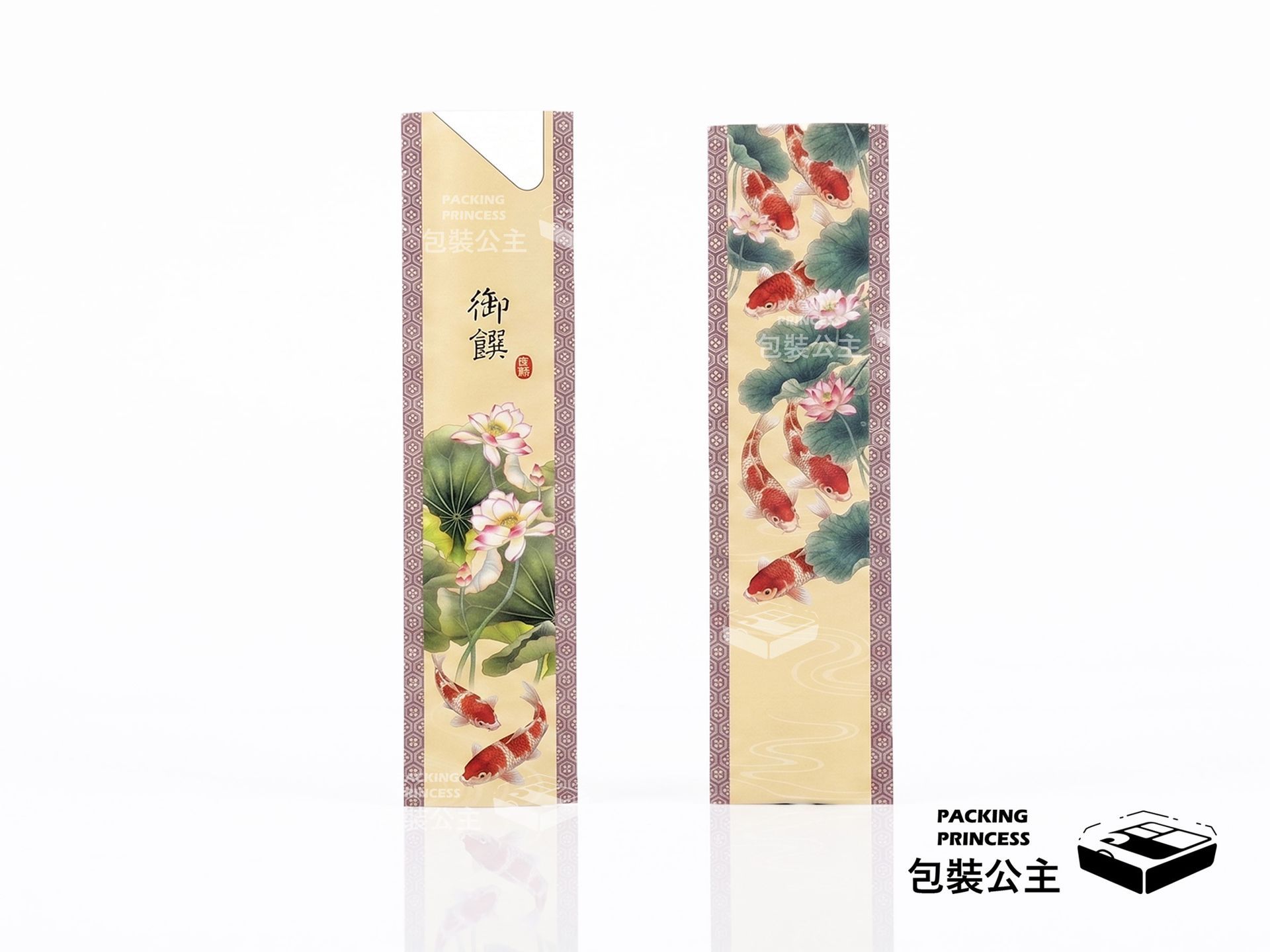 JD-25 經濟型藝術筷套(蓮鯉版)：精美蓮花與錦鯉圖騰印刷，尺寸 3.2x14.5cm，提升餐具衛生美感，適合年菜套餐、日式料理與中式婚宴使用