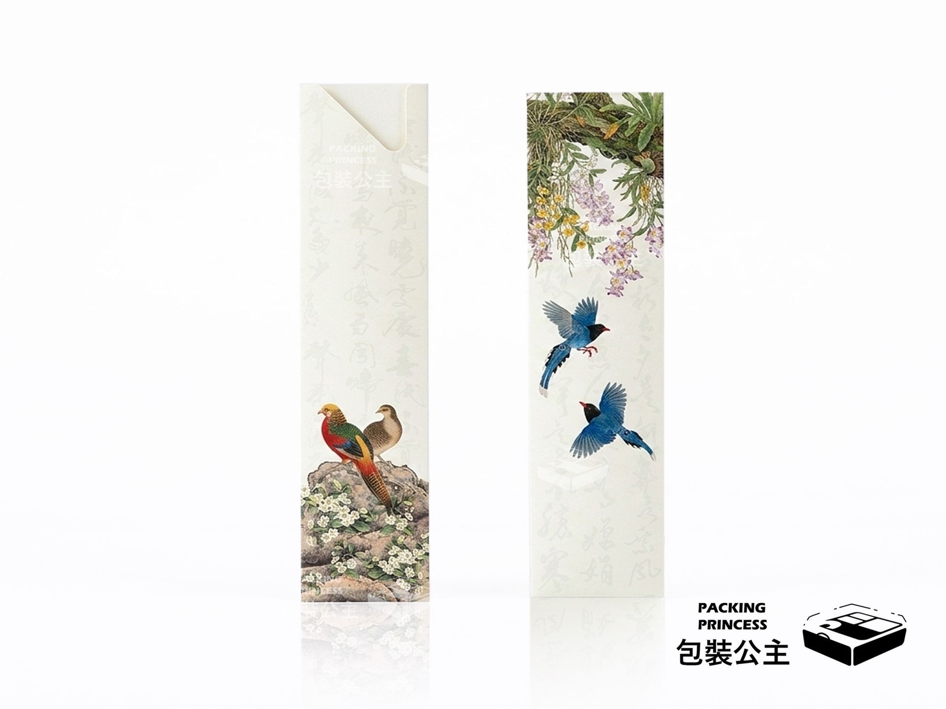 JD-26 森之花鳥經濟型藝術筷套：3.2x14.5cm，清新鳥語花香手繪感印刷，適合文青風餐飲、景觀餐廳與戶外婚禮餐具包裝