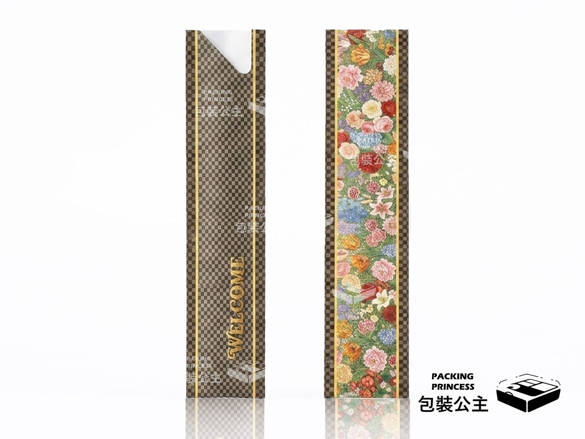 JD-27 金歡迎藝術筷套：3.2x19cm 加長型設計，質感金屬花紋搭配 Welcome 字樣，適合連鎖餐廳、主題餐廳外帶餐具包裝