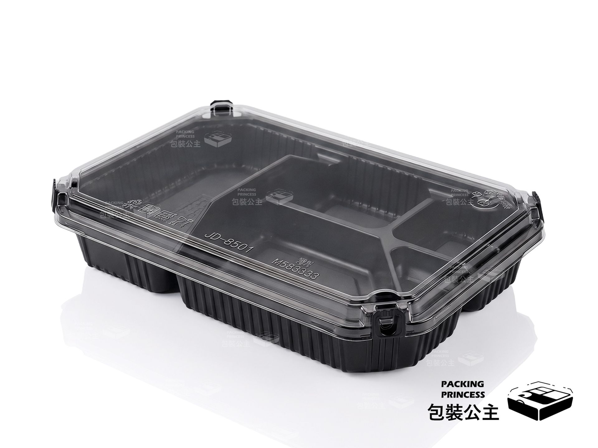 JD-8501 自扣式五格餐盒，提供 50 組裝包裝，專利自扣設計確保外帶餐點安全，適合各式餐飲使用。