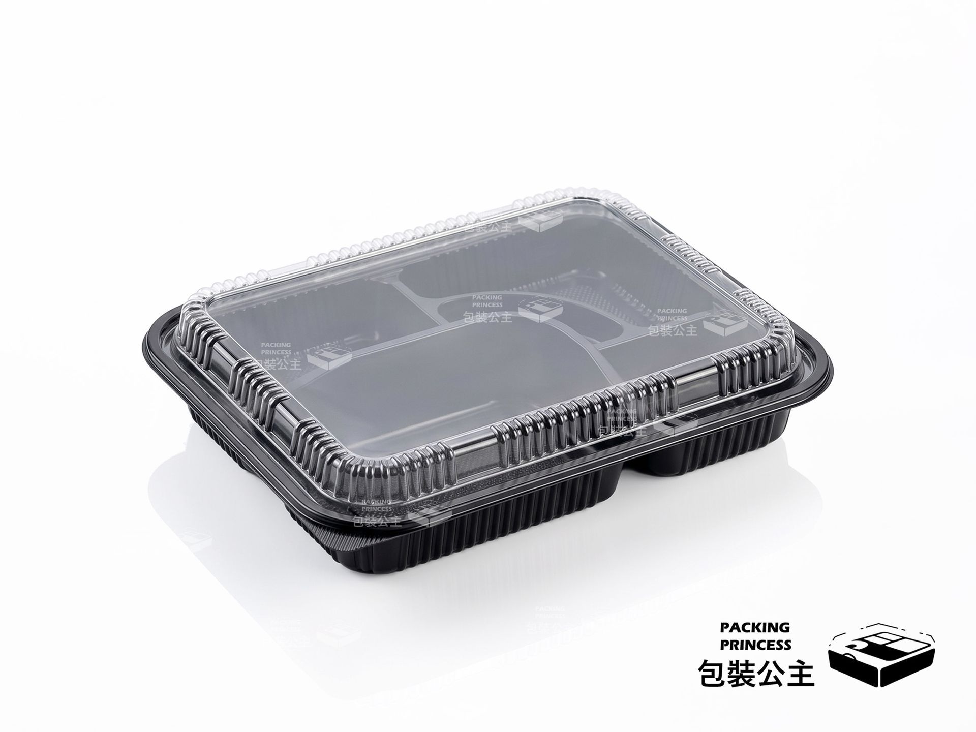 OP-306 | 五格餐盒 餐食便當 生魚片便當 外帶餐盒，單品黑色長方形五格餐盒搭配透明蓋斜向展示，提供日式料理、生魚片與多道菜色外帶容器選擇。