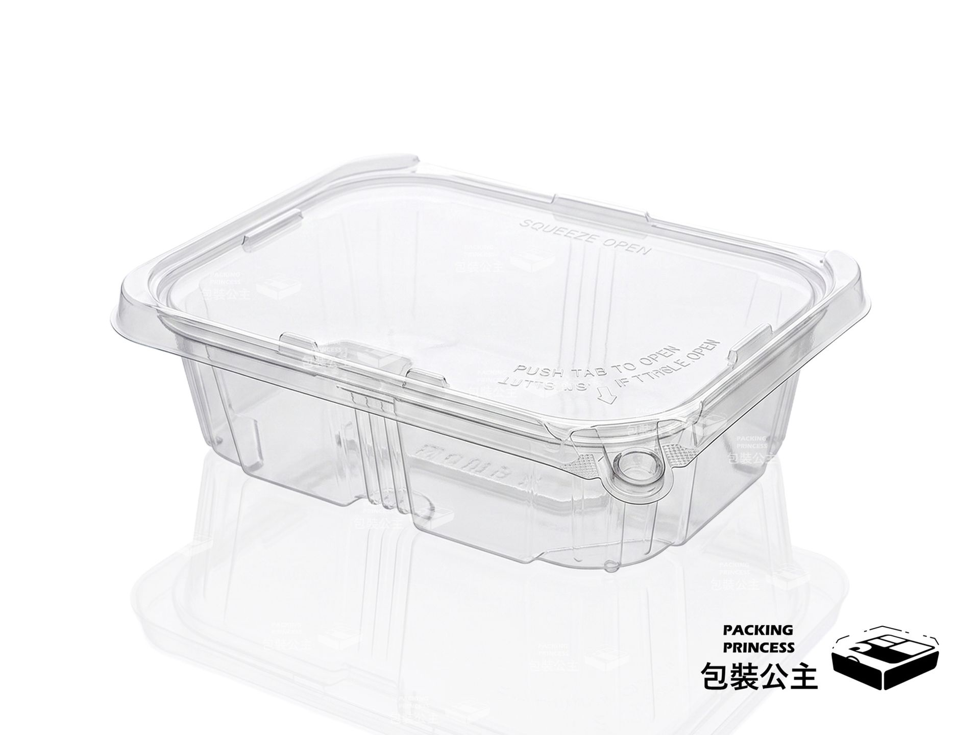 PLS-32 高透明防偷吃餐盒,960cc 容量,具備防偷吃卡扣設計,單品透明展示,提供餐飲外帶安心容器選擇。