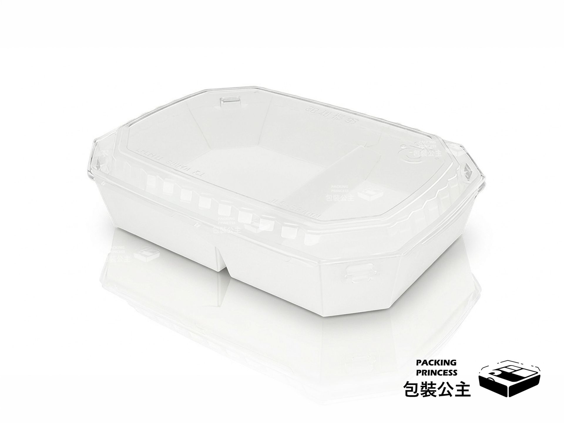 R85-2L 兩格紙餐盒自扣式：專利防漏設計，白色極簡質感，適合外帶雙拼輕食、水煮餐或日式小菜，防護性極佳
