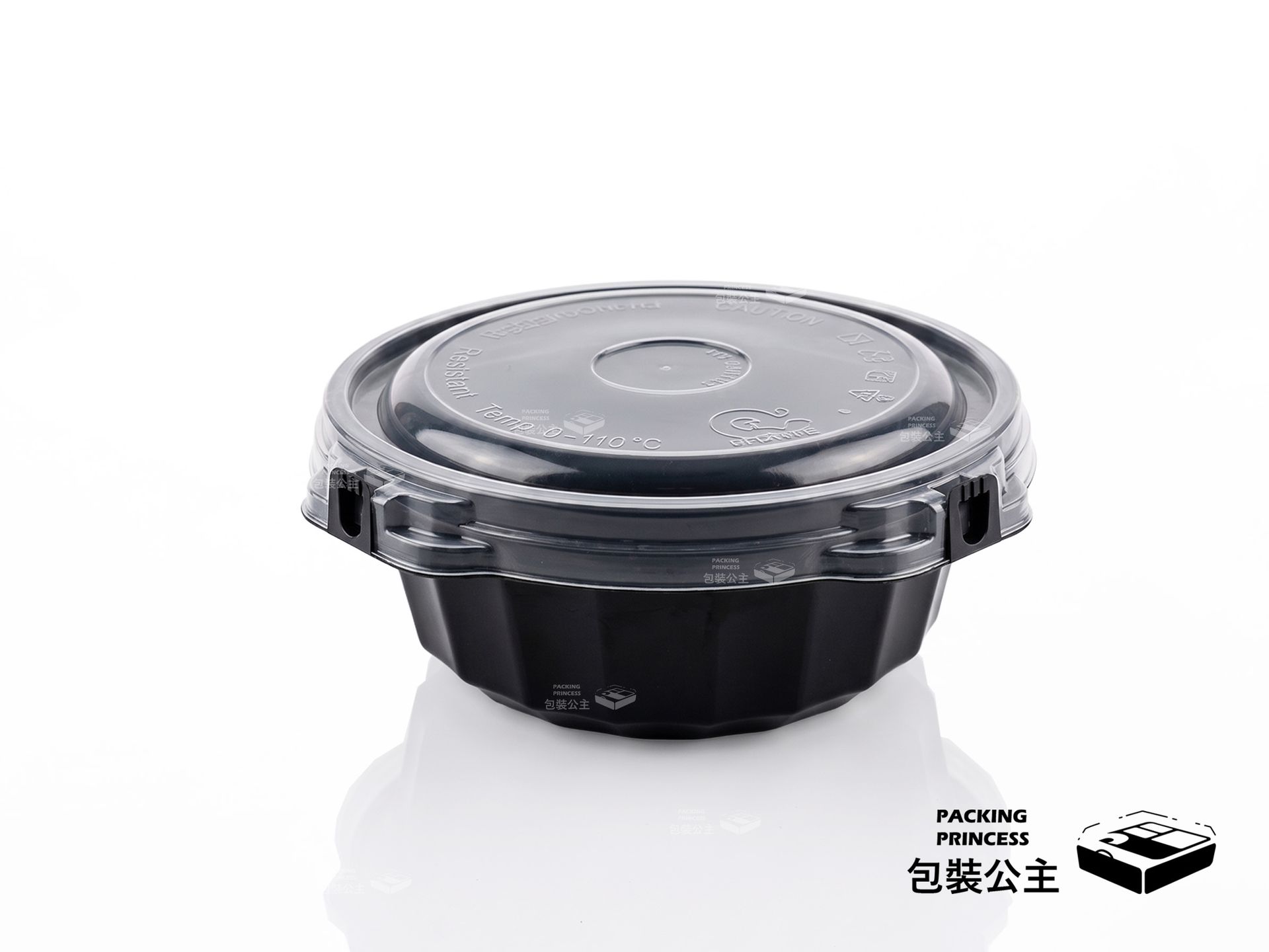 RBC-02 | 自扣式湯碗 900c.c 專利自扣盒 湯麵碗，黑色碗身搭配透明自扣蓋單品展示，提供餐飲外帶防漏湯碗選擇。
