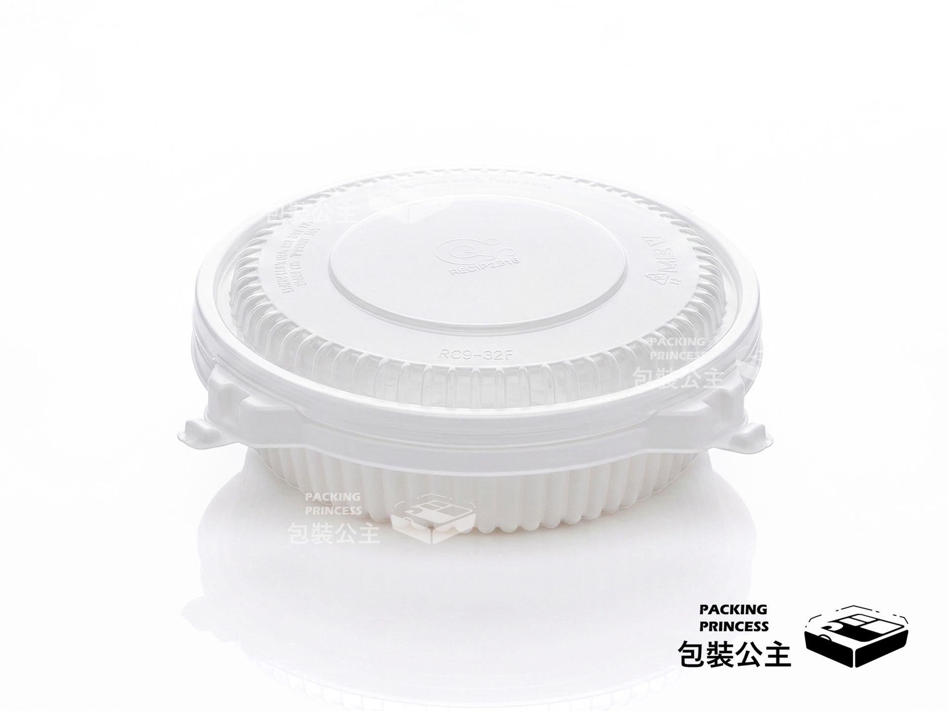 RC9-14 8吋自扣微波圓盤組:質感白色底盤搭配高透蓋,可微波加熱,適合年菜外帶、佛跳牆、圓盤合菜等高級餐點包裝
