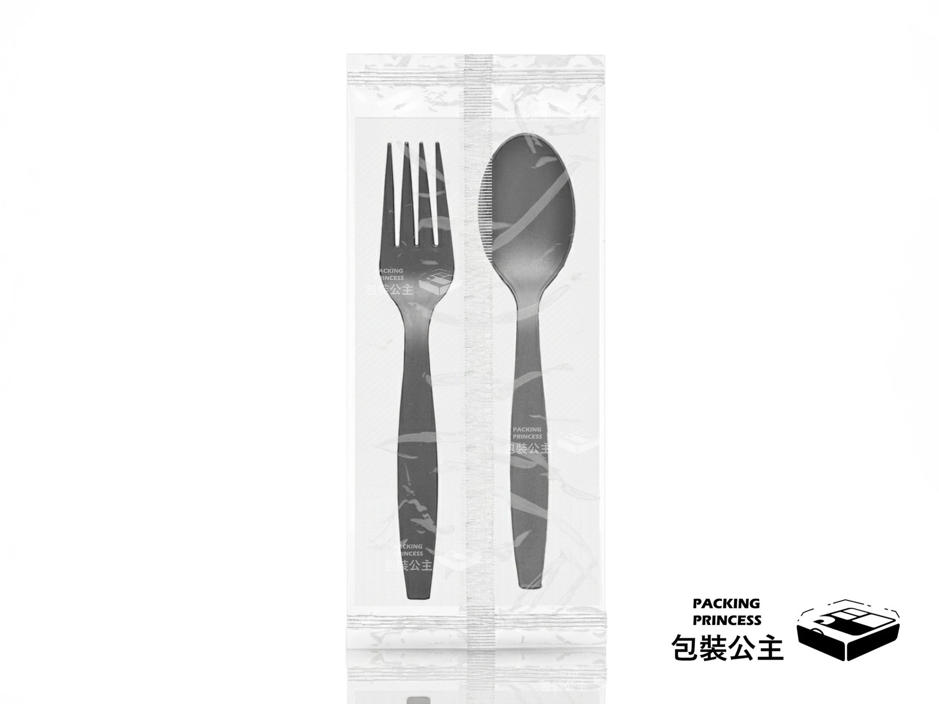 食物包材選物店｜頂級磨砂黑叉匙組含餐巾紙，適合精品餐盒與高質感外帶使用。